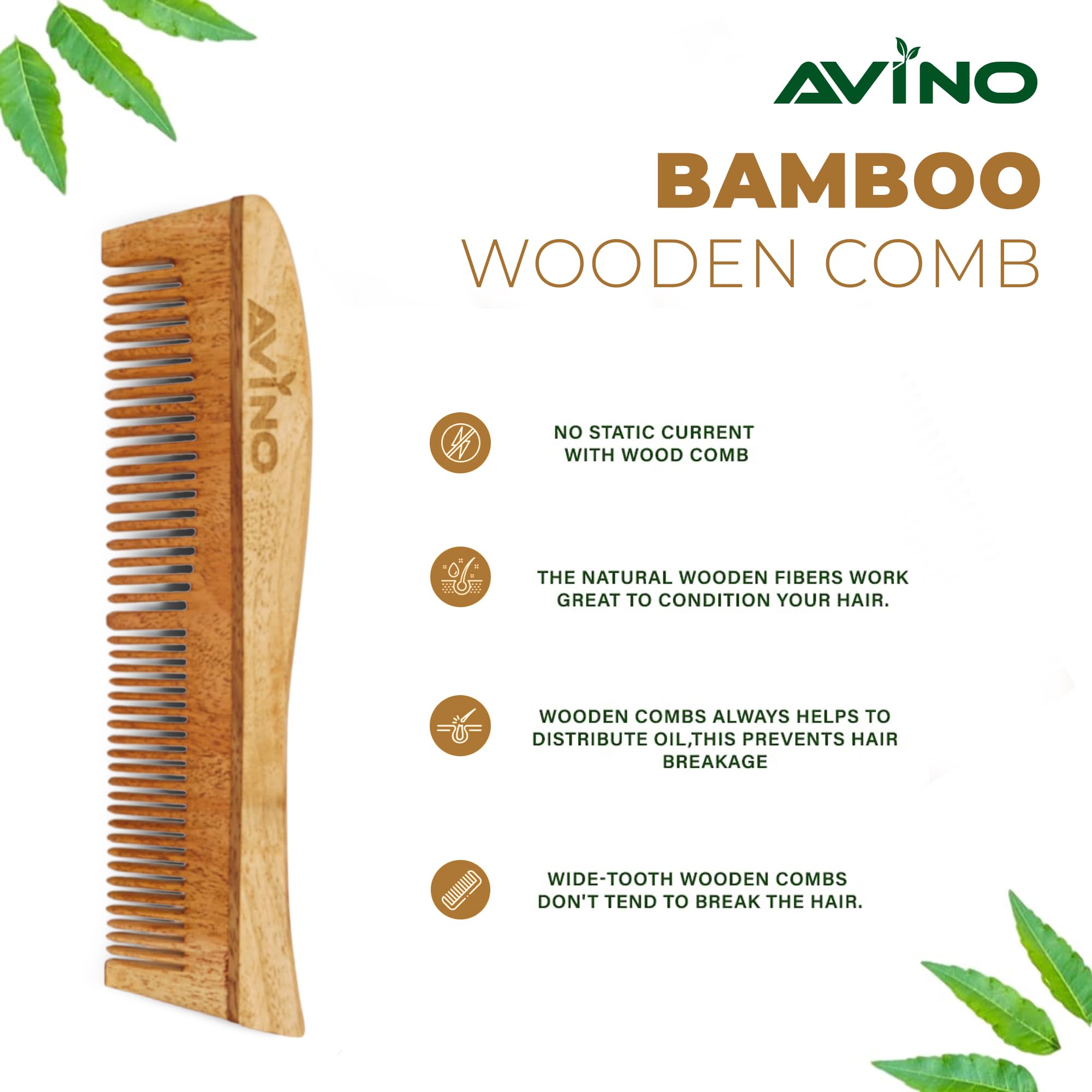 Avino Neem Wood Anti Hair Fall Comb for Women & Men - Natural Hair Growth Stimulator & Scalp Massager - Gentle Detangling Comb for Thin, Thick, Curly or Straight Hair - Perfect for Daily Hair Care Routine & Salon Use