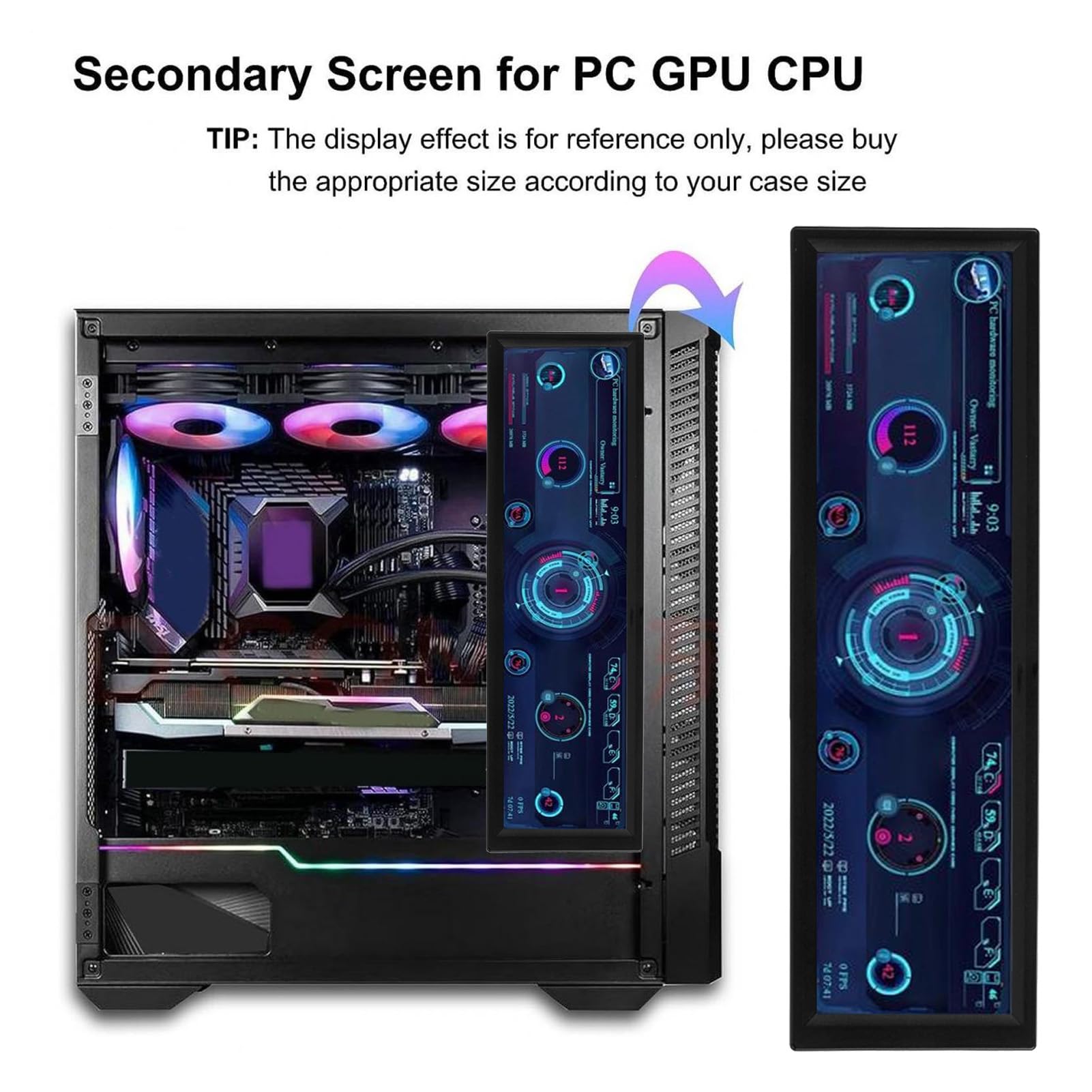 8.8 Inch PC Temperature Monitor with Case - Dynamic AIDA64 Sensor Panel, IPS USB Mini Touch Screen for CPU/RAM Data Monitoring - ARGB Computer Case Secondary Display for Gaming & Workstation PCs