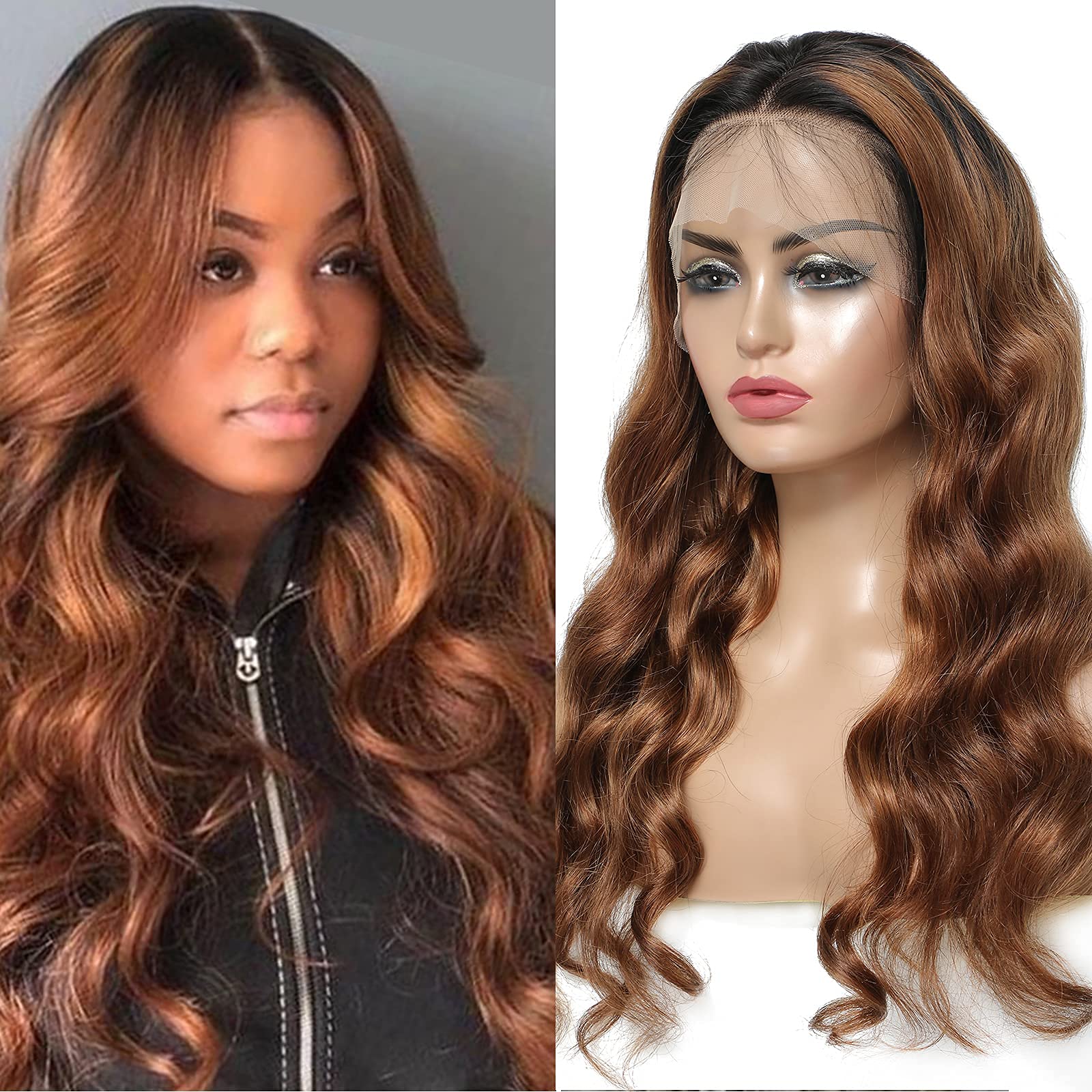 Ombre 1B/30 Honey Brown Human Hair Lace Front Wig - 150% Density Body Wave 13x4 Pre-Plucked Virgin Hair Glueless Lace Frontal Wig for Black Women (20 Inch) - Perfect for Daily Wear, Special Occasions & Protective Styling