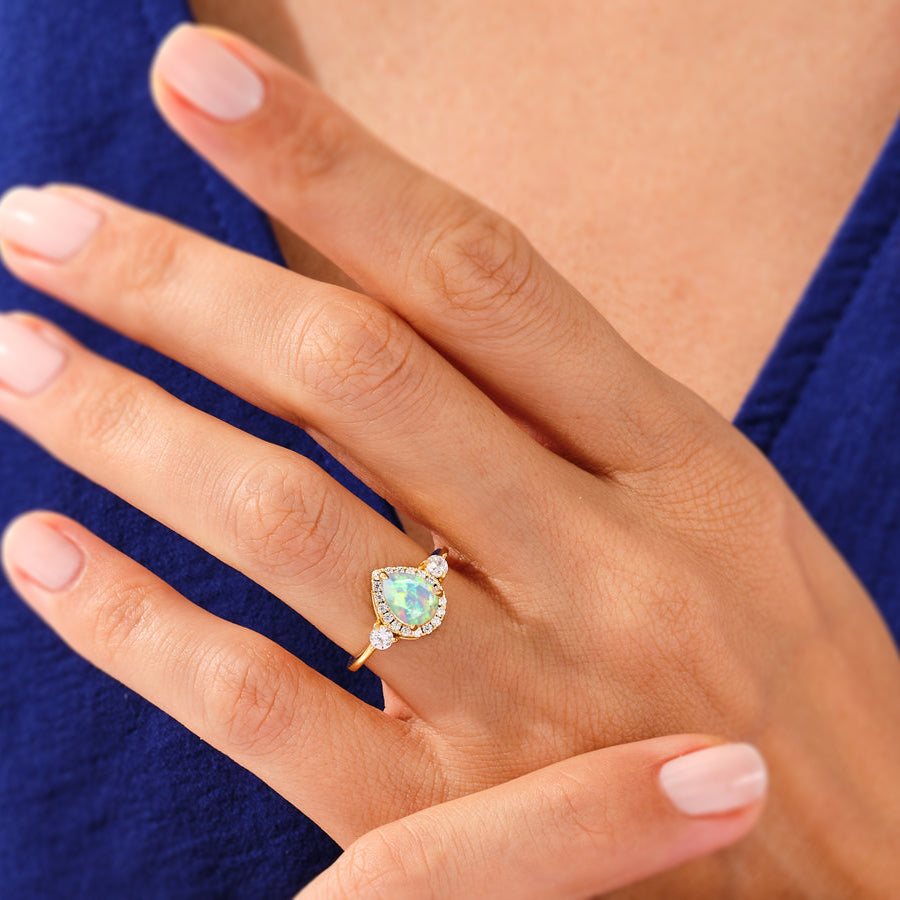 Natural White Opal Pear Shape Halo Ring - Elegant Faceted Gemstone Jewelry for Engagement, Wedding & Special Occasions