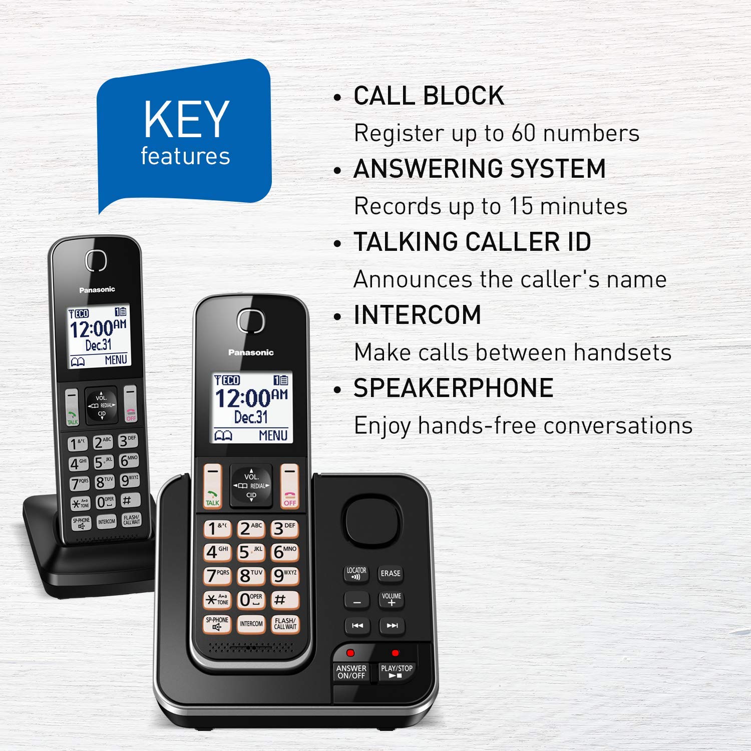 Panasonic KX-TGD392CB DECT 6.0 Expandable Cordless Phone System with Answering Machine, Call Blocking & 2 Handsets - Black - Ideal for Home Office, Business & Elderly Users