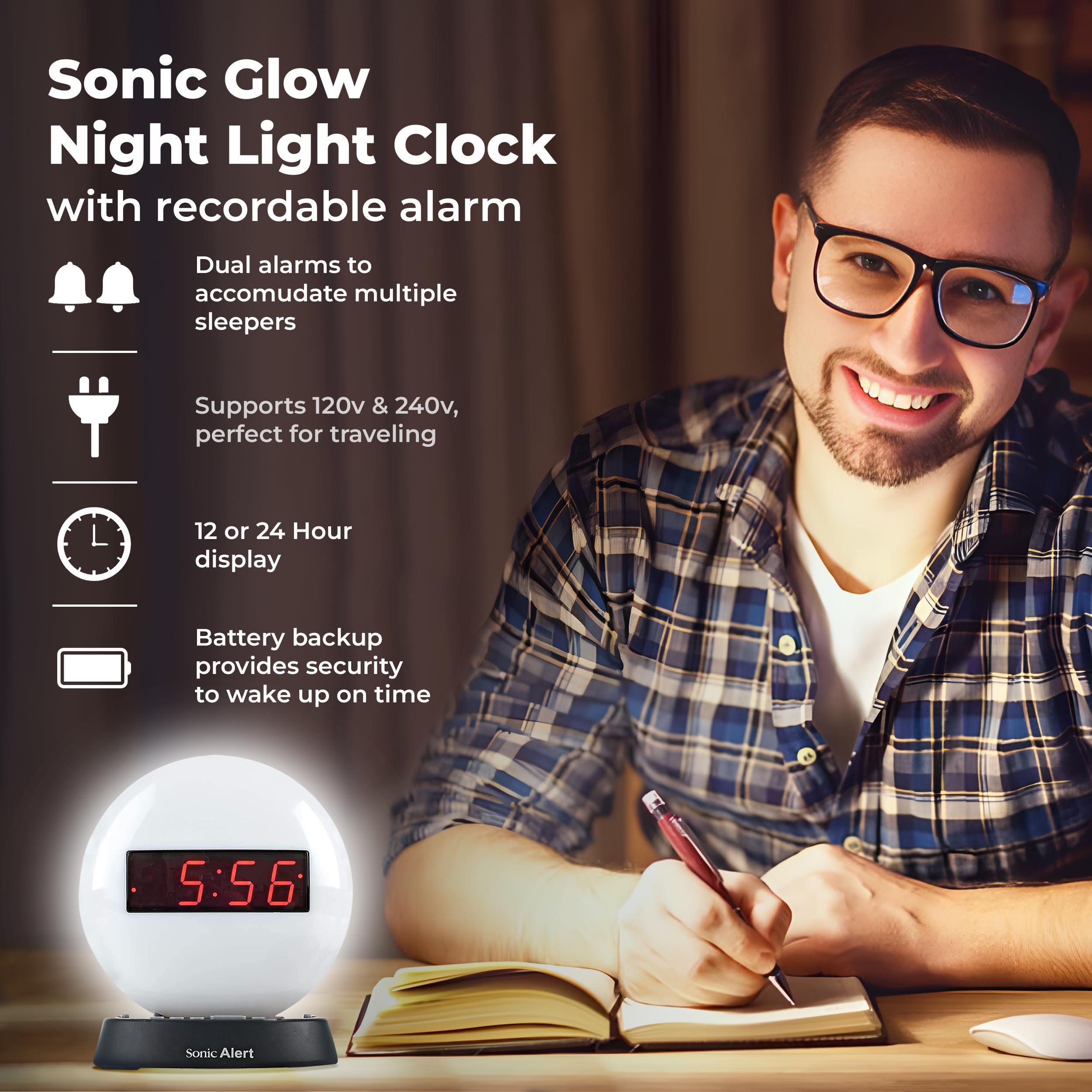 Sonic Alert Glow Soft White Night Light Alarm Clock - Loud & Compact Digital Alarm Clock with Battery Backup & Dimmer - Easy to Set for Kids & Adults - Perfect for Bedroom, Nursery, Dorm Room - AUX Input for Music Playback