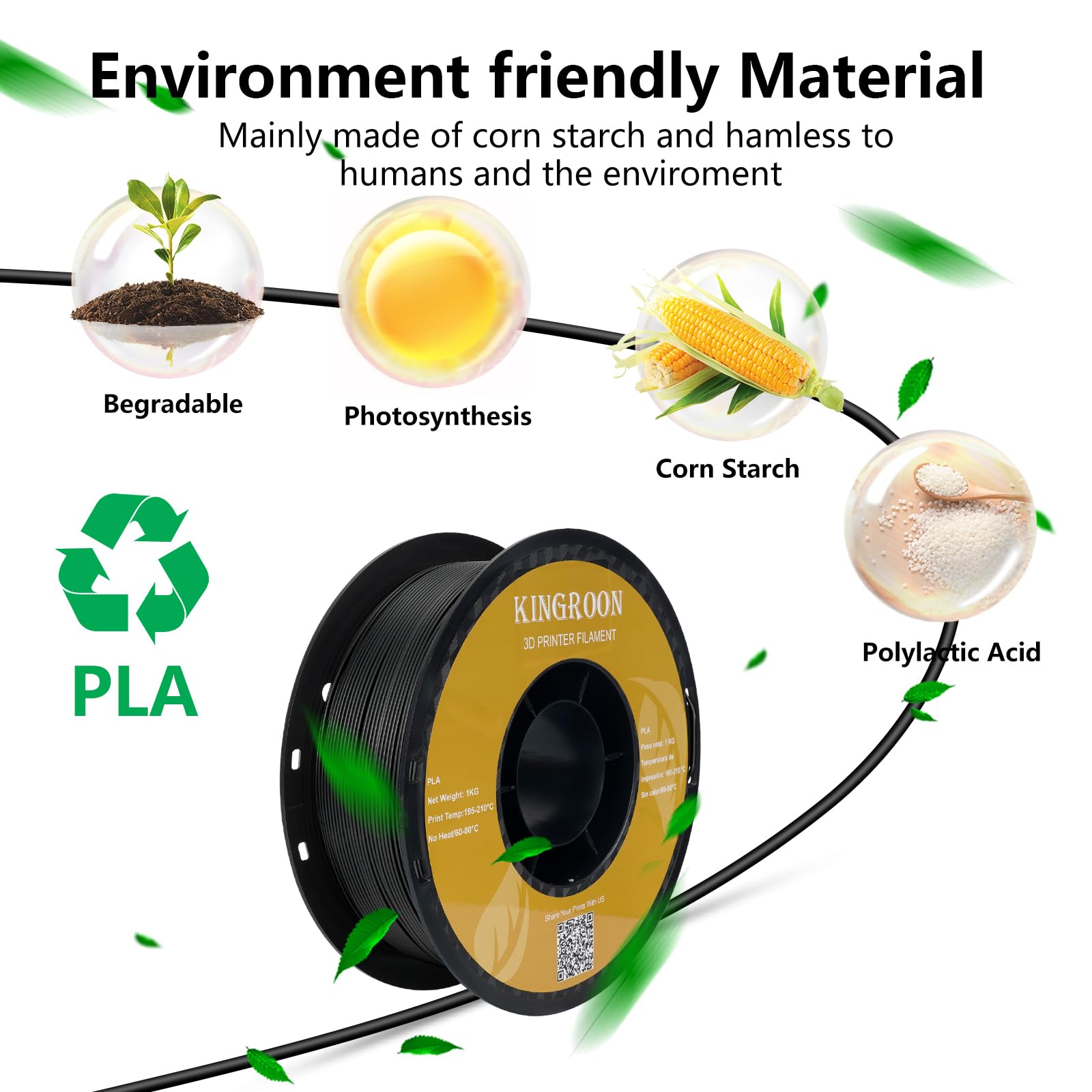 Kingroon Premium Black PLA Filament 1.75mm for 3D Printers - 1KG Spool with +/- 0.03mm Accuracy - High-Quality 3D Printing Material for DIY Projects, Prototyping & Creative Models