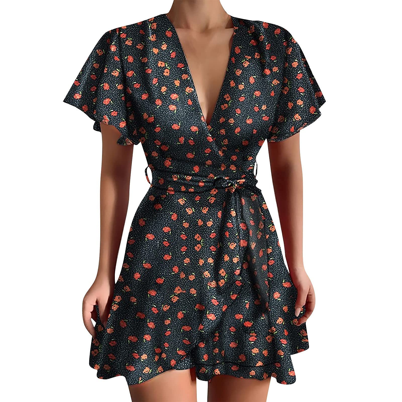 Women's Summer Casual Short Sleeve Lace Printed Dress - Flowy Beach Cover Up, Garden Party & Date Night Outfit