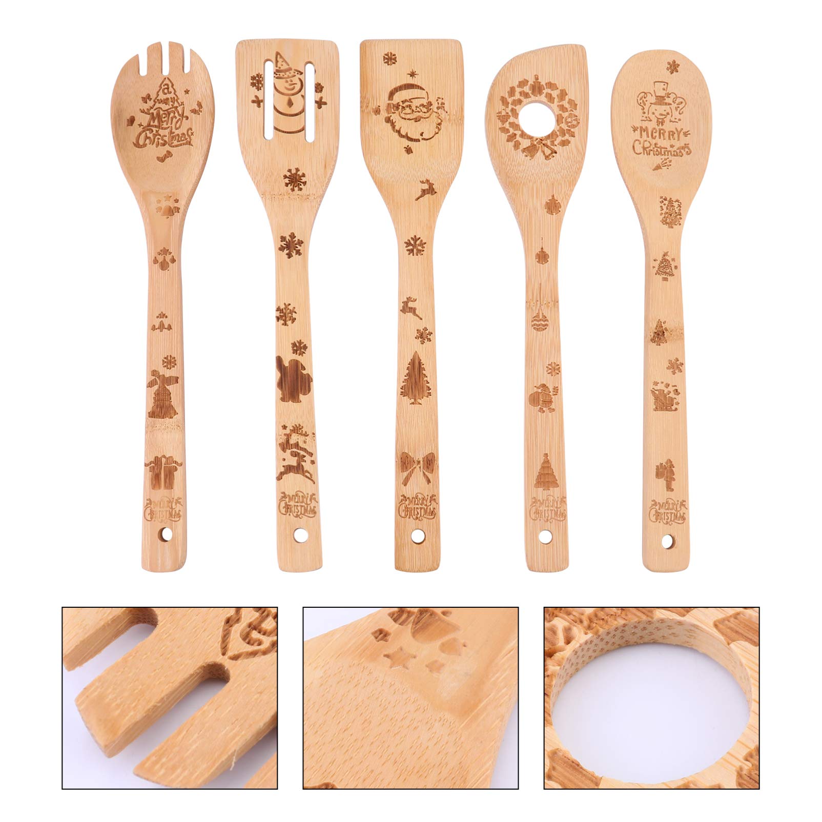 5-Piece Christmas Bamboo Cooking Shovel Set - Eco-Friendly Kitchen Spatula for Baking, Stirring & Serving - Perfect Holiday Kitchen Gadget & Utensil for Christmas Cooking, Baking & Home Decor