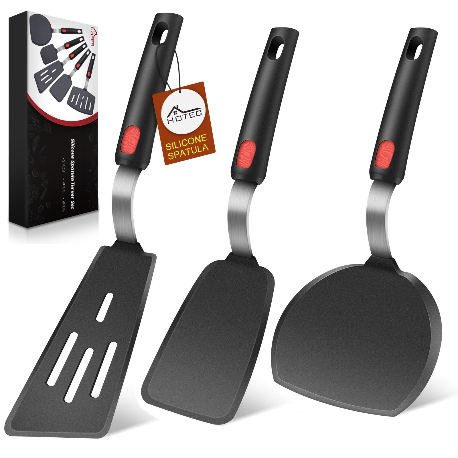 Premium Silicone Spatula Turner Set of 3 - 600°F Heat Resistant Non-Stick Cooking Utensils for Eggs, Burgers & Pancakes - Flexible Kitchen Tools for Baking, Flipping & Serving - Ideal for Nonstick Pans, Griddles & Everyday Cooking