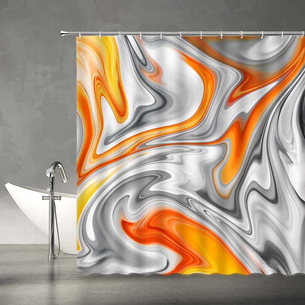 Abstract Modern Aesthetic Orange Gray Shower Curtain Set with Hooks - 70x70 Inches Waterproof Fabric Bathroom Decor for Contemporary Home | Perfect for Spa-Like Showers and Guest Bathroom Makeovers
