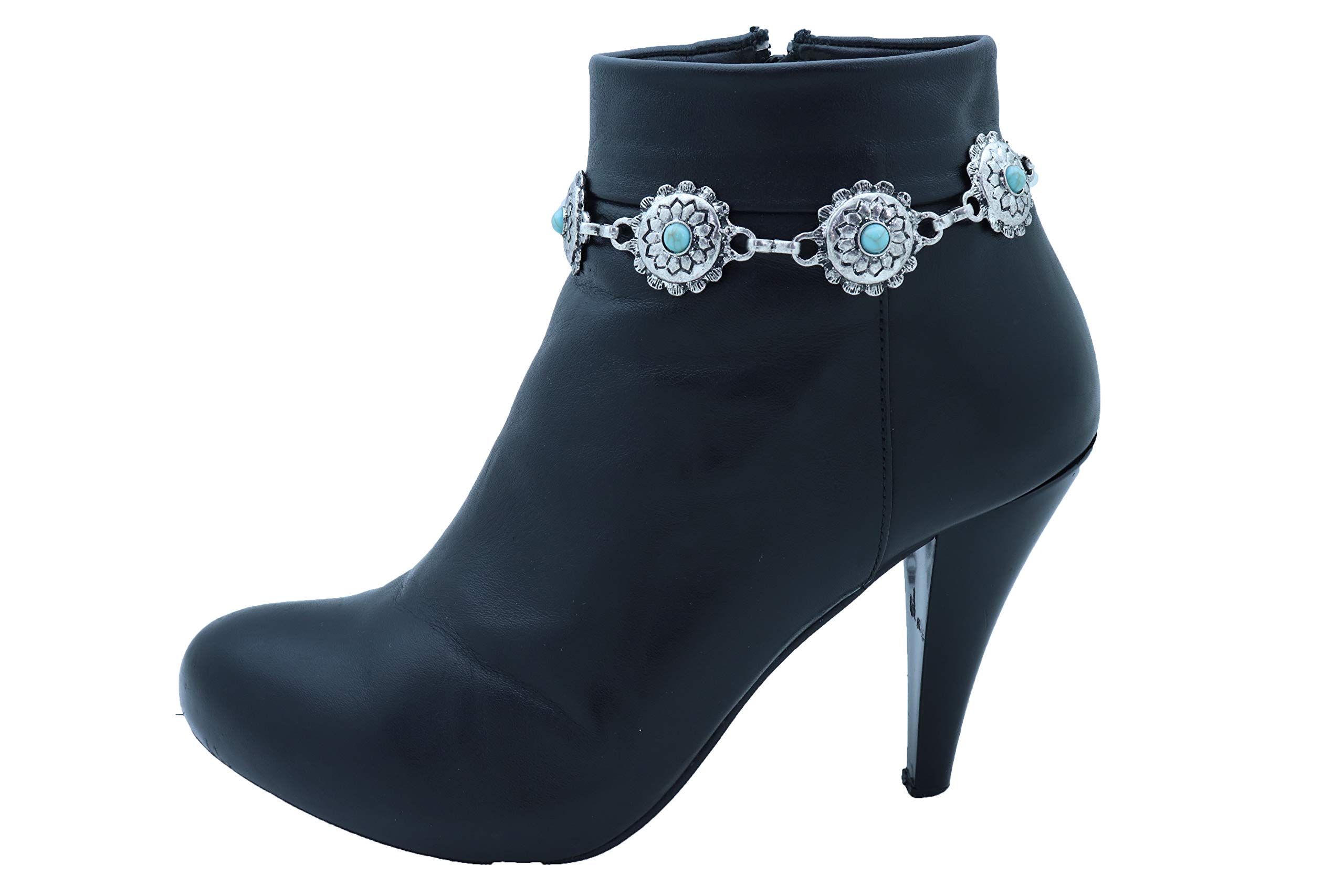 Vintage Western Boot Chain Anklet - Turquoise Blue Beaded Flower Charm Strap for Women | Boho Cowgirl Jewelry for Boots, Shoes & Festival Outfits