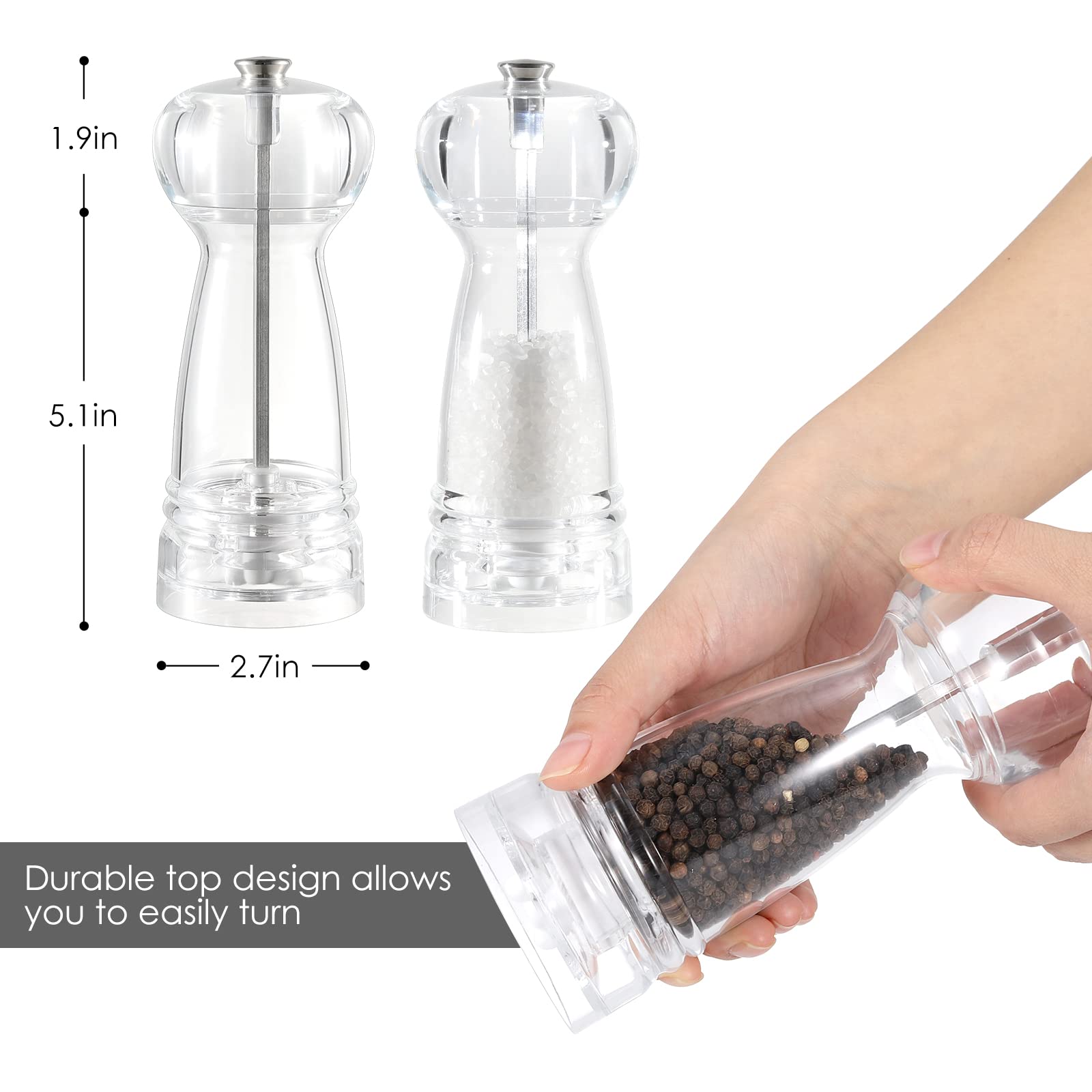 Premium Clear Acrylic Salt and Pepper Grinder Set - 2 Pack Refillable Transparent Mill with Adjustable Ceramic Grinder for Coarse to Fine Seasoning - Perfect for Kitchen, Dining Table & Outdoor BBQ