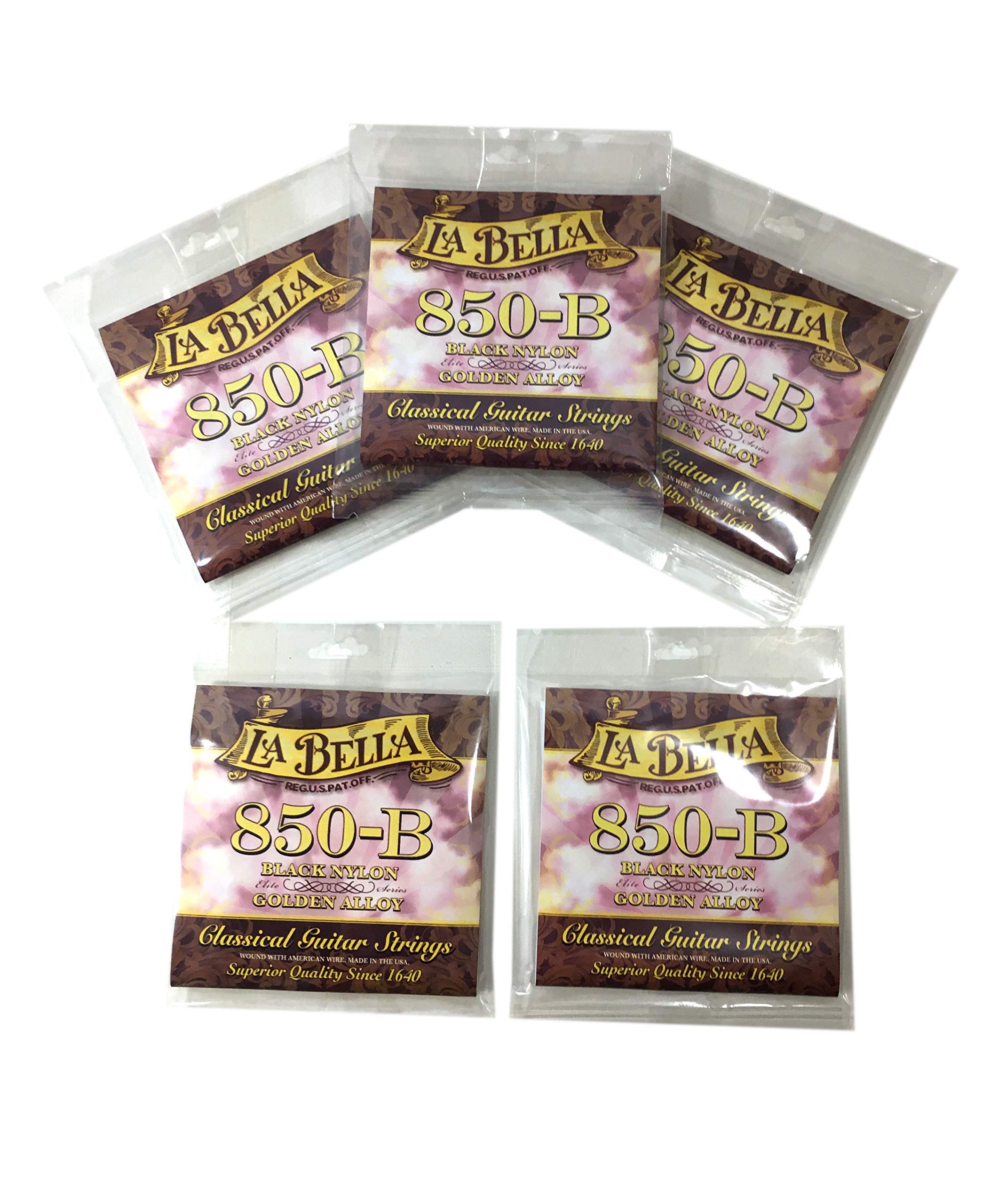 La Bella Guitar Strings Nylon #850B Black Nylon Elite Golden Alloy Classical Guitar Strings - 5 Pack Set for Professional Classical Guitar Players