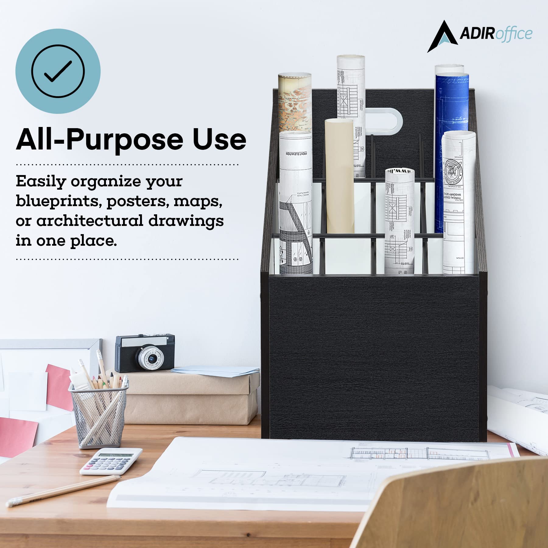 Adir Wooden Blueprint Storage Organizer Cart - Black Plan & Blueprint Holder, Poster & Map Cabinet for Architects, Engineers & Construction Professionals | Perfect for Office, Studio & Job Site Organization