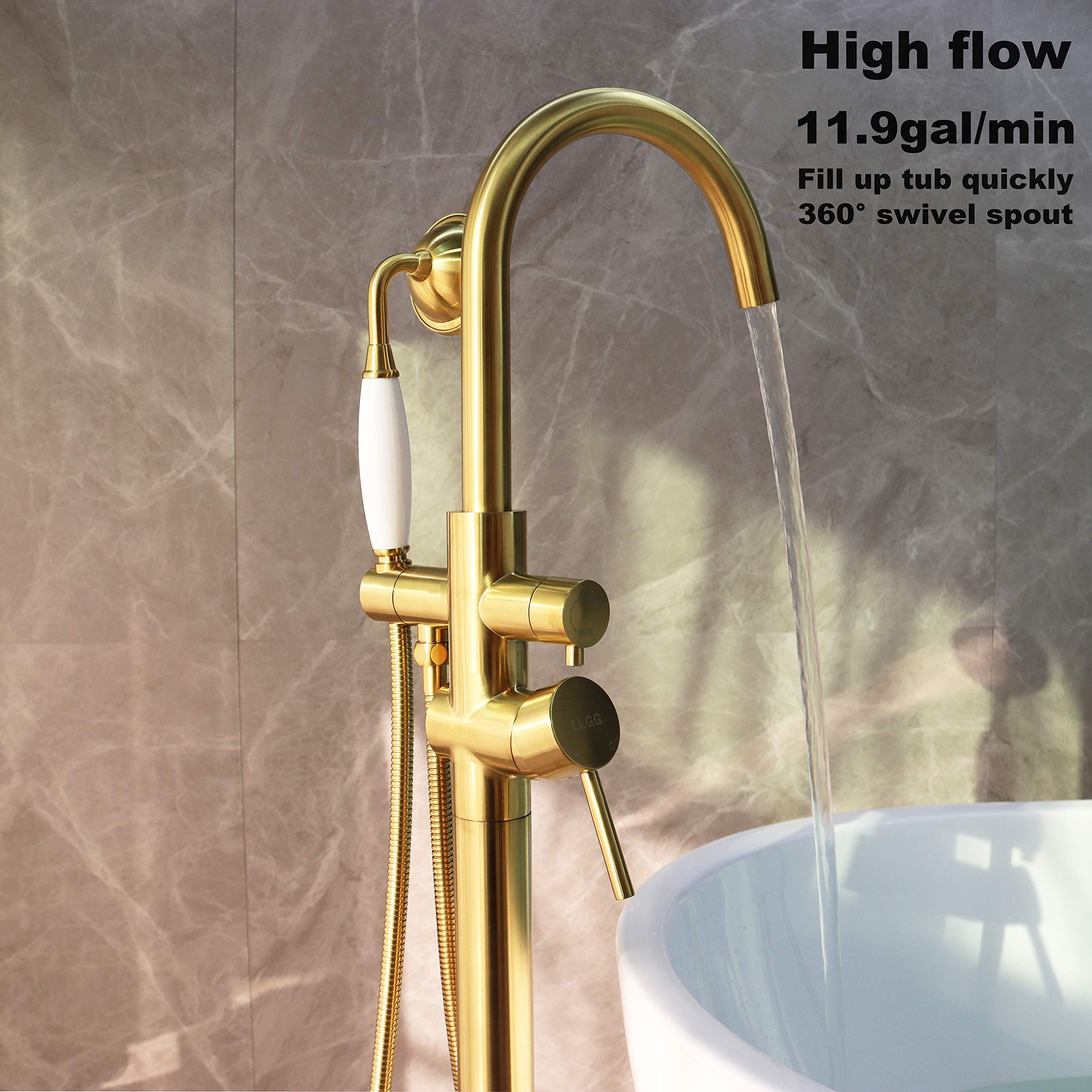 Freestanding Bathtub Faucet - Brushed Gold Floor Mounted Tub Filler with High Flow Rate - Perfect for Modern Bathroom & Spa Retreats