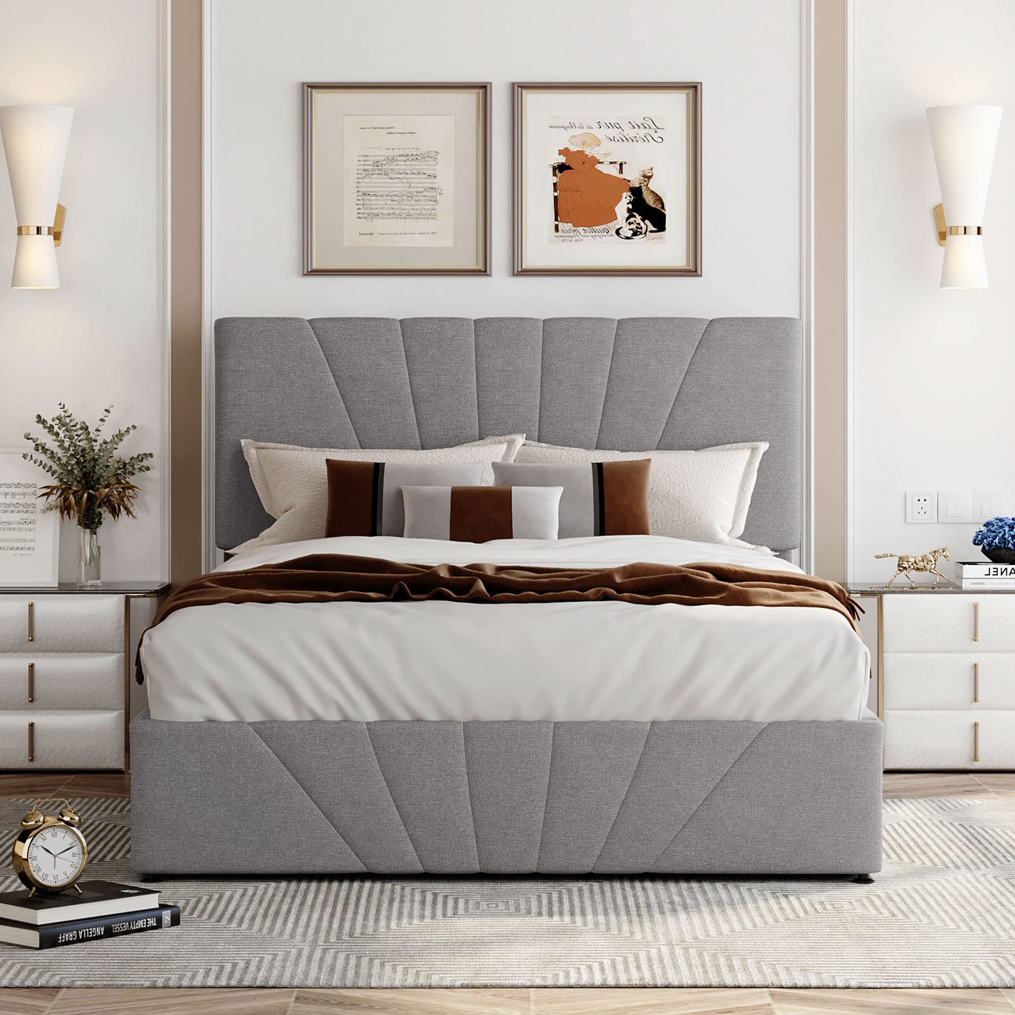 Full Size Upholstered Storage Bed with Hydraulic Lift System - Wooden Linen Fabric Platform Bed Frame with Classic Headboard & Under Bed Storage, Wood Slat Support (Gray) - Perfect for Small Bedrooms, Guest Rooms & Space-Saving Solutions