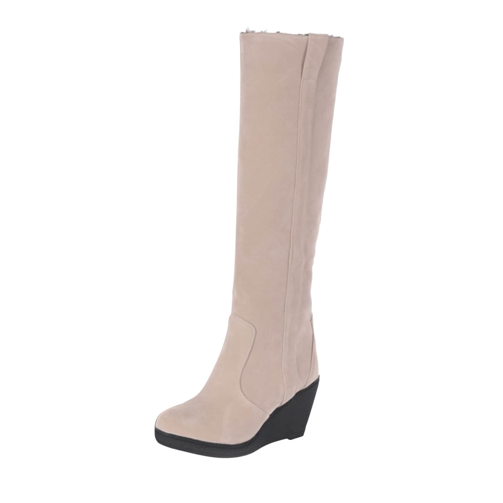 Women's Faux Fur Winter Boots - Warm Fashion Round Toe High Heel Wedge Platform Slip On Knee High Dress Boots for Cold Weather, Snow, Parties & Office Wear