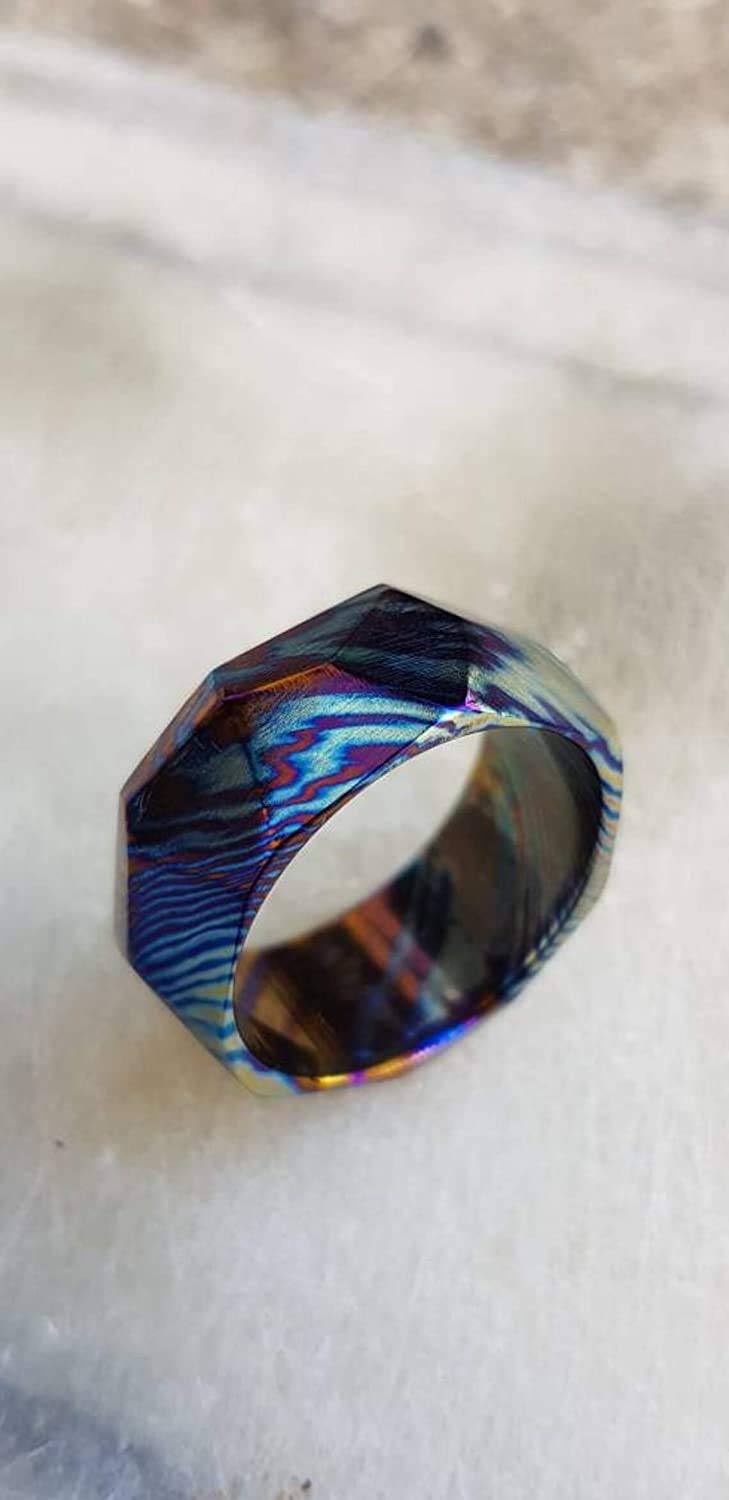 Damascus KE-104-AT Titanium Ring | Handmade Timascus Wedding Band for Men | Custom Comfort Fit Engagement Ring | Unisex Modern Jewelry | Durable Steel Statement Ring | Perfect for Weddings, Anniversaries & Special Occasions