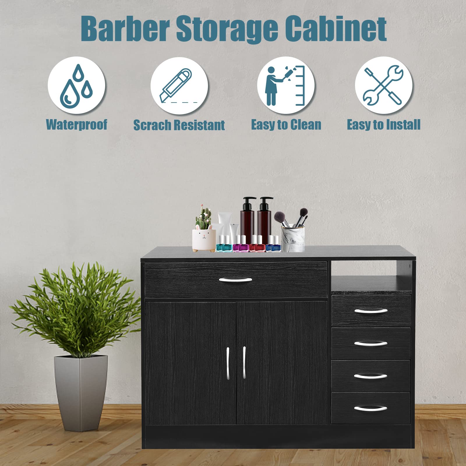 Professional 5-Drawer Black Salon Barber Hair Styling Storage Cabinet with Large Cabinet - Perfect for Barber Shops, Salons & Bathroom Organization