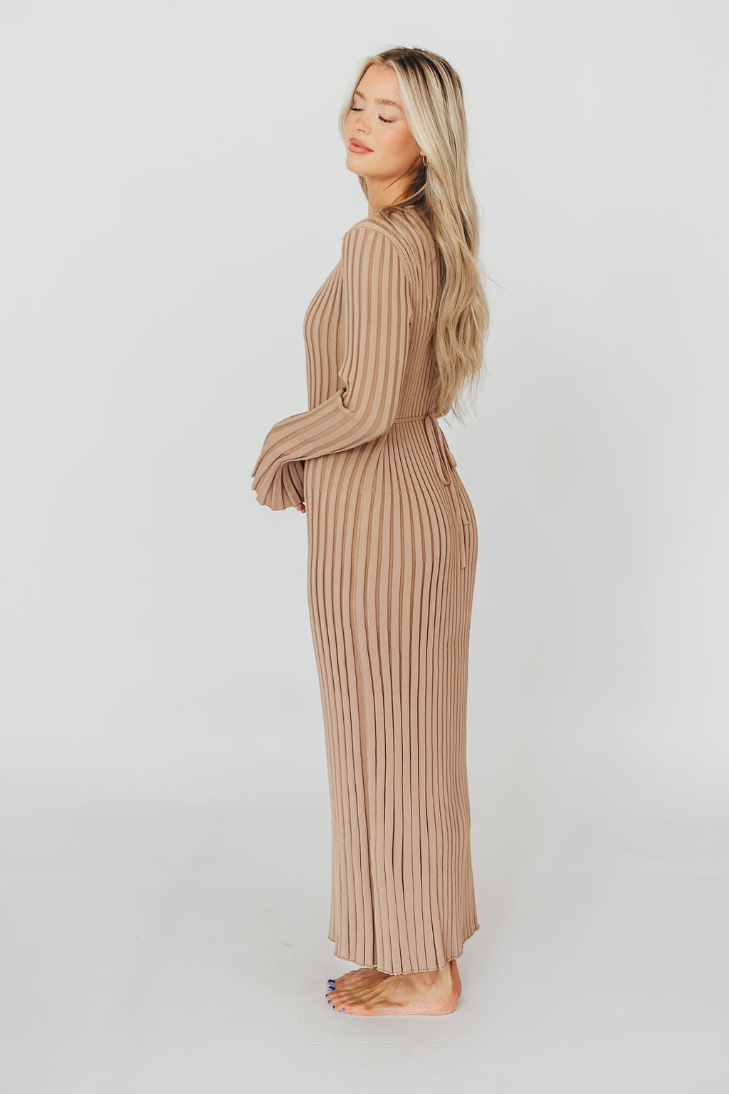 Colette Premium Long Sleeved Ribbed Knit Maxi Dress in Dark Natural - Bump Friendly Maternity Dress for Pregnancy, Nursing & Postpartum | Elegant & Comfortable for Work, Date Night & Special Occasions