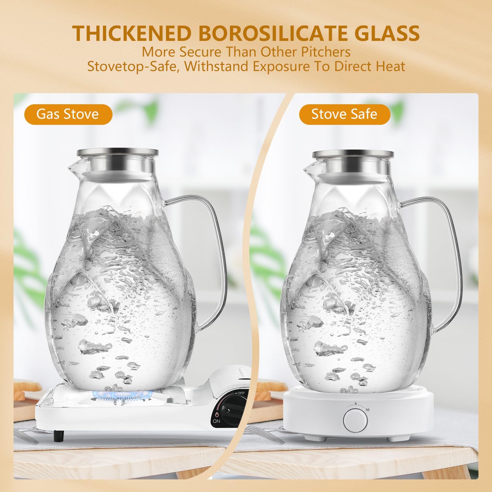 102oz Glass Pitcher with Lid - Stainless Steel Large Iced Tea Pitcher with Unique Petal Design - Lightweight Borosilicate Glass for Hot & Cold Drinks - Perfect for Iced Tea, Lemonade, Cocktails & Party Serving