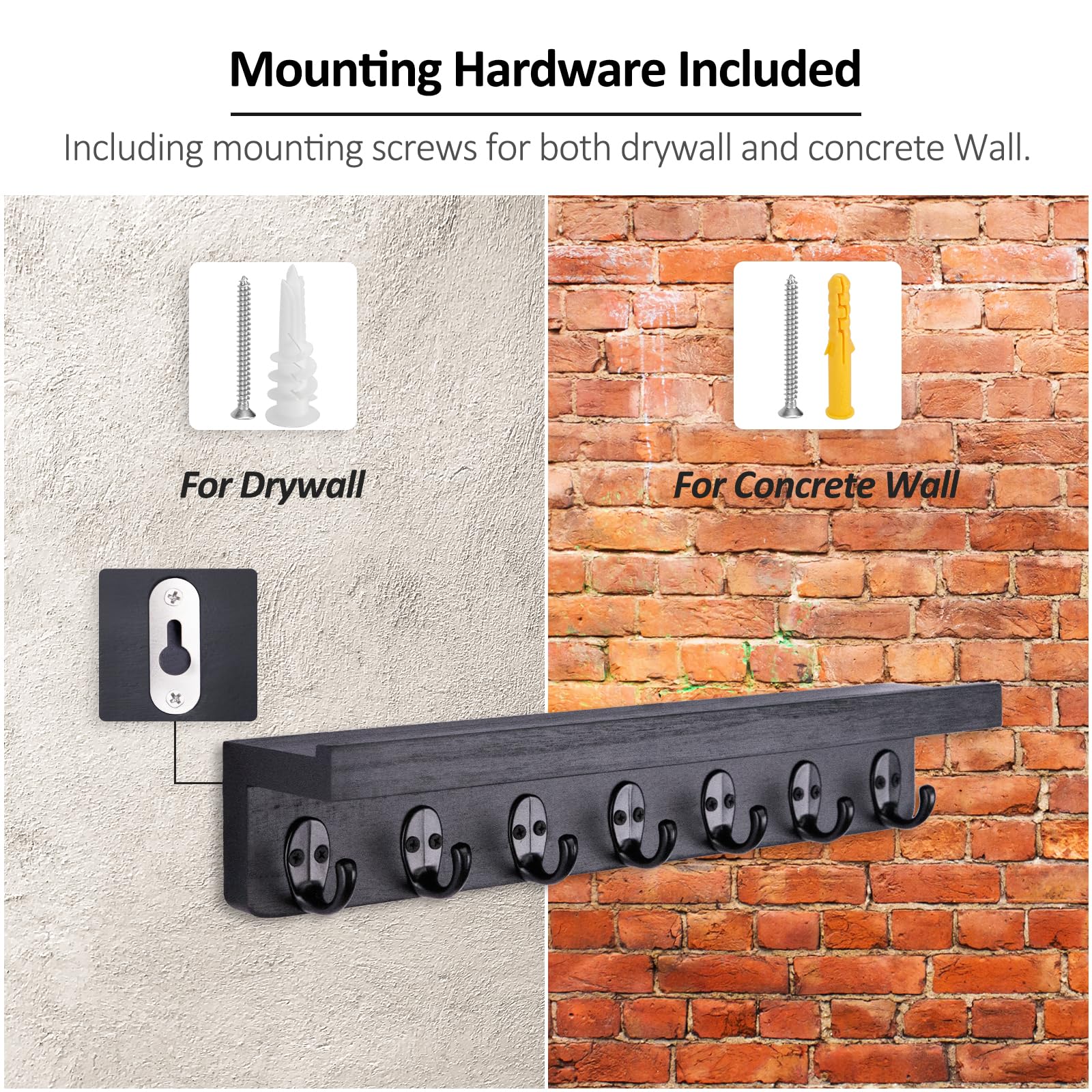 Wooden Wall Mounted Key Holder with Mail Organizer - 14.9 Inch Entryway Storage Solution for Farmhouse, Hallway & Kitchen Decor (Black) | Perfect for Home Organization & Rustic Style Interior Design