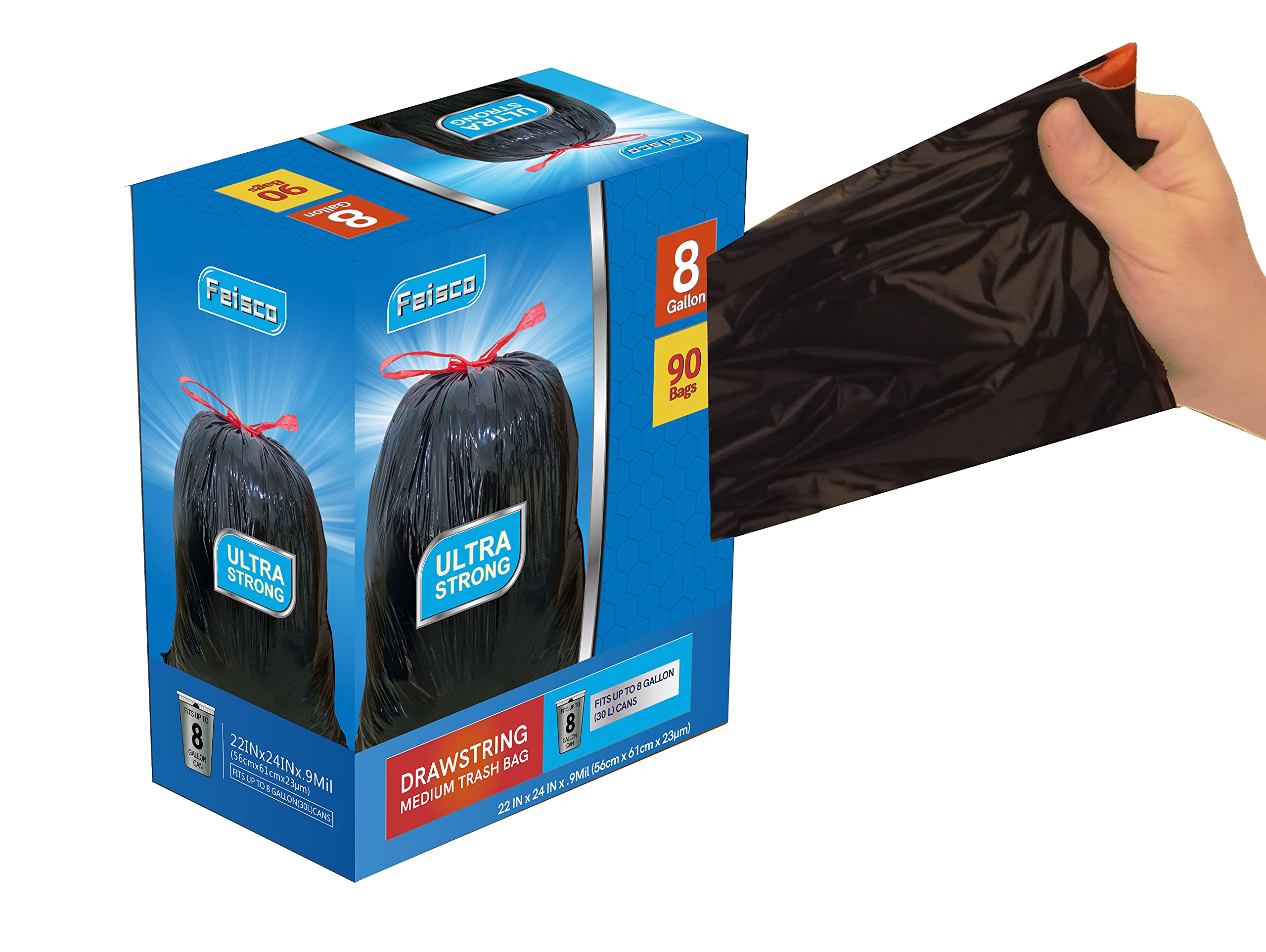 Feisco 8 Gallon Black Trash Bags (90 Count) - 0.9 Mil Thick Drawstring Garbage Bags for Kitchen, Bathroom & Office Waste Disposal - 30L Heavy Duty Trash Can Liners