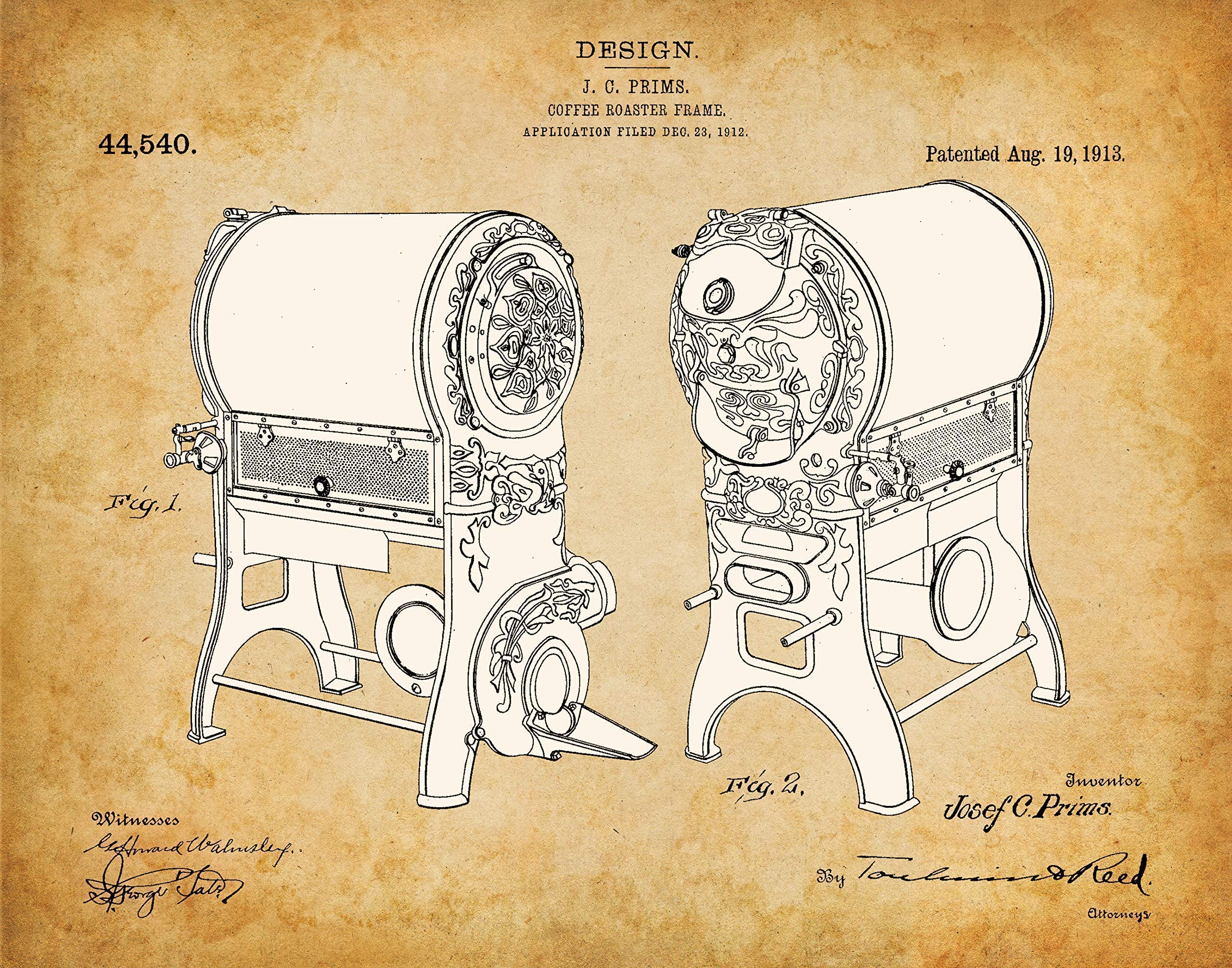 Vintage Coffee Roaster Patent Print - Antique Coffee Bar Decor, Kitchen & Dining Room Wall Art - Perfect Gift for Baristas & Coffee Enthusiasts - Choose Unframed Poster or Canvas Art Print - Ideal for Coffee Shops, Home Decor & Office Spaces
