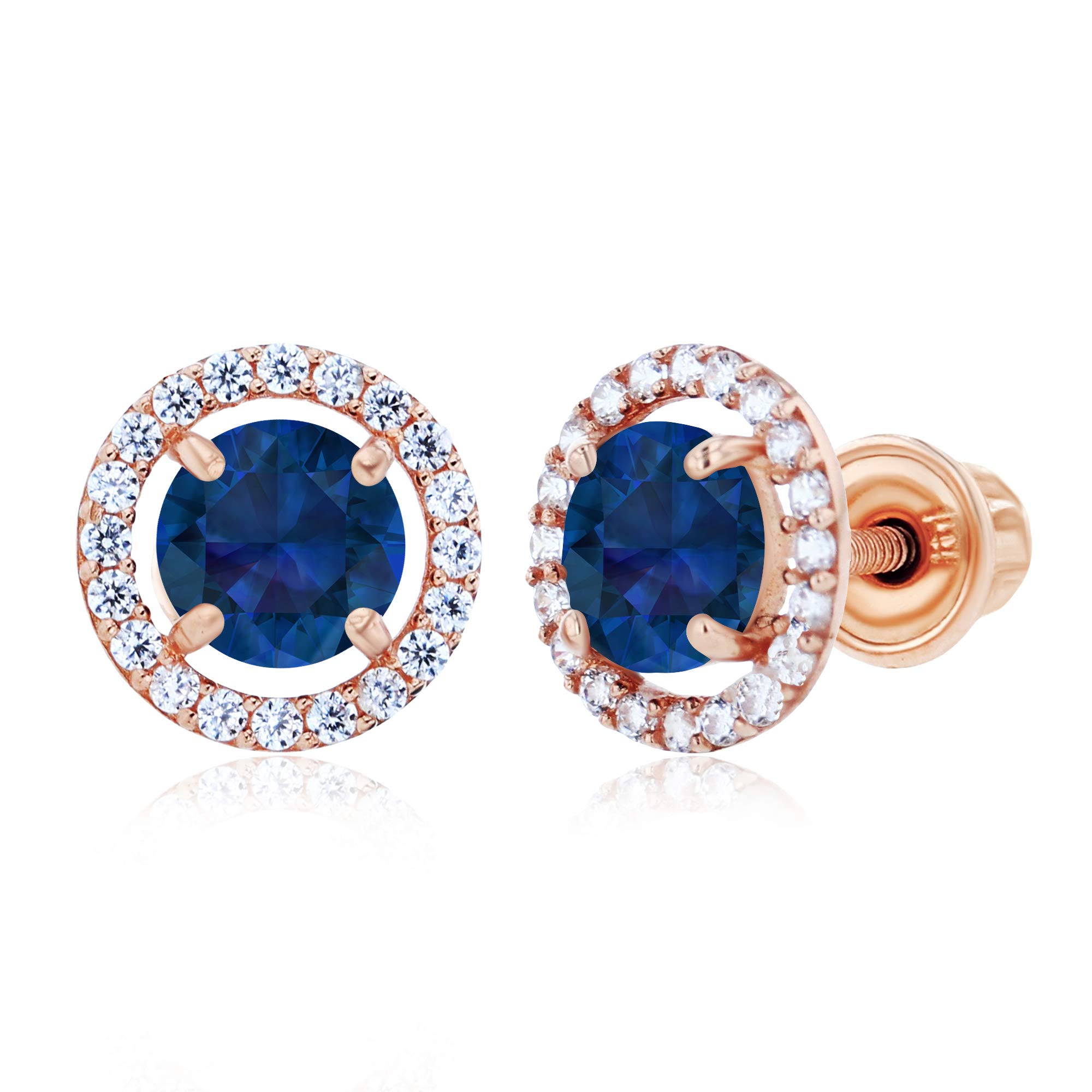 14K Solid Gold 8mm Halo Birthstone Stud Earrings for Women | Round 5mm Natural Birthstone | 1mm White Sapphire Halo Screwback Earrings | Perfect for Weddings, Anniversaries & Everyday Elegance