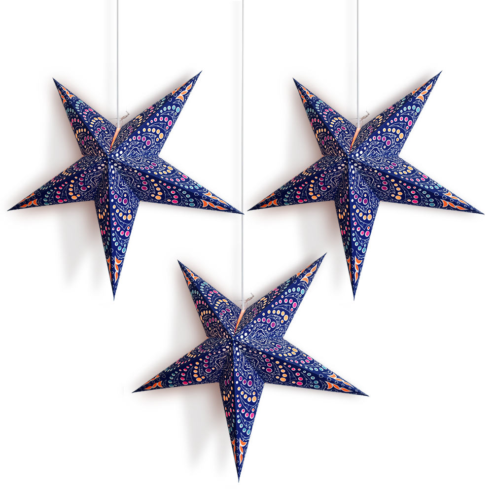 3 Pack 24 Inch Purple Aloha Paper Star Lanterns with LED Bulbs & Lamp Cord - Hawaiian Party Decor, Tropical Home Lighting for Luau, Beach Wedding, Patio & Boho Bedroom Decorations