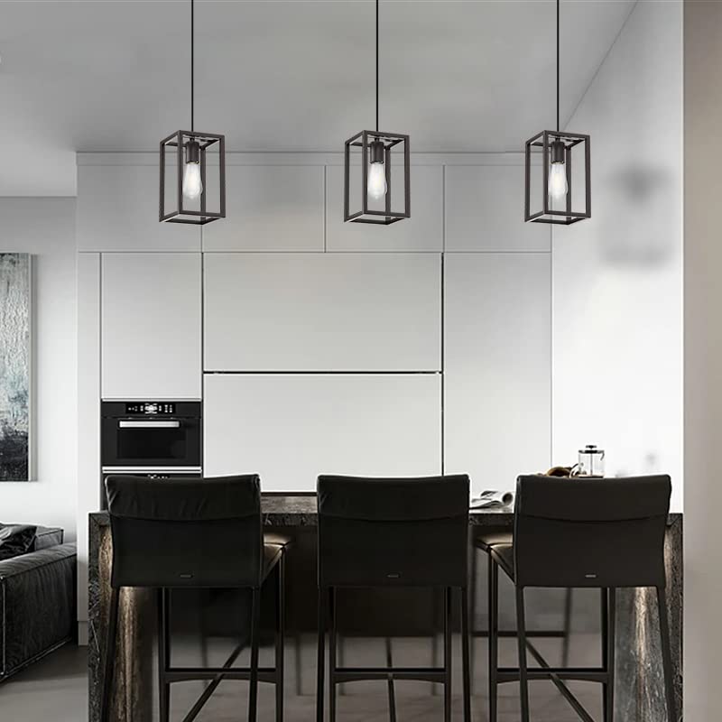 3 Pack Adjustable Rustic Farmhouse Pendant Lights - Metal Cage Mini Hanging Light Fixtures for Kitchen Island, Dining Room, Cafe & Bar - Oil Rubbed Bronze Finish - Perfect for Home Decor & Commercial Spaces