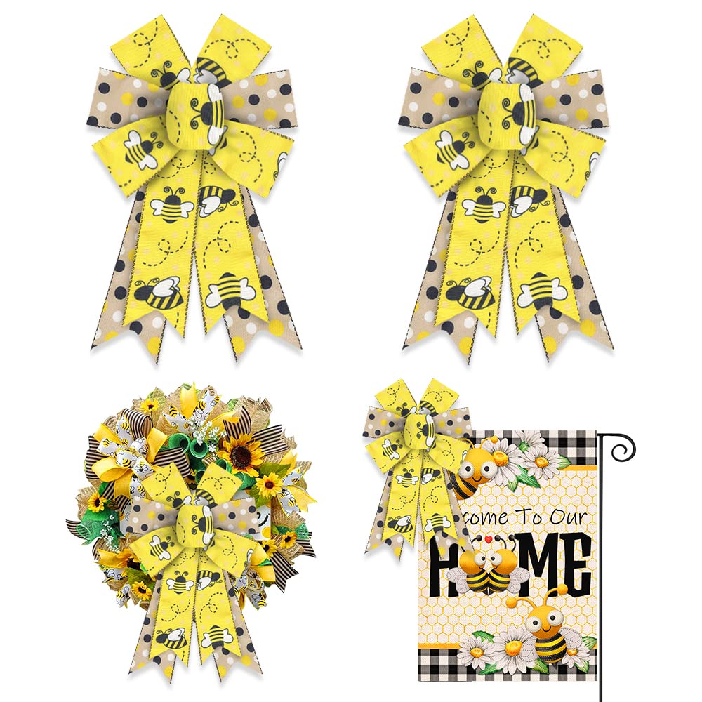 ALIBBON 2-Pack Spring Bee Bows for Wreaths - Honeybee Themed Burlap Bows with Black White Yellow Dots Plaid Design - Perfect for DIY Crafts, Spring Wreath Decorations, Indoor & Outdoor Home Decor - Ideal for Easter, Garden Parties & Farmhouse Style Decor