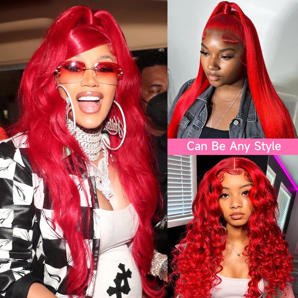 13x4 HD Transparent Lace Front Human Hair Wig - 200% Density Body Wave Red Colored Wig with Pre-Plucked Baby Hair (28 Inch) | Perfect for Cosplay, Halloween, Parties & Daily Fashion Styling