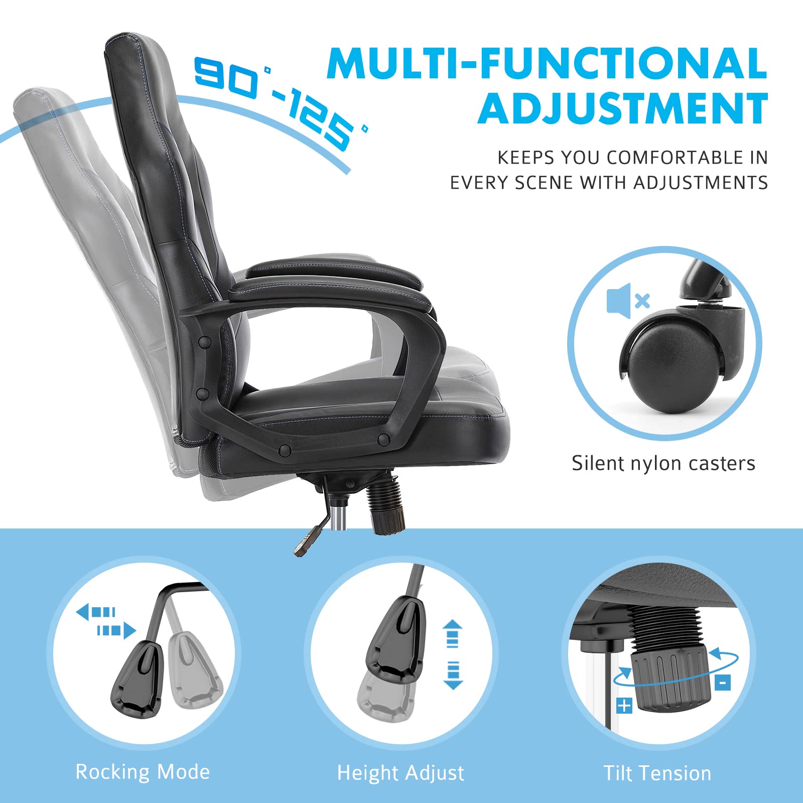 OLIXIS Ergonomic Gaming Chair - PU Leather Office Chair with Lumbar Support & Padded Armrests, Swivel Desk Chair for Adults (Grey) - Perfect for Home Office, Gaming Setup & Workstation Comfort