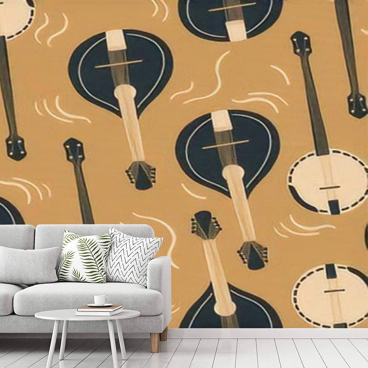 Self-Adhesive Removable Peel and Stick Wallpaper - Seamless Mandolin Domra Banjo Abstract Beige Design for Home Decor | Perfect for Bedroom, Living Room & Music Room Wall Murals