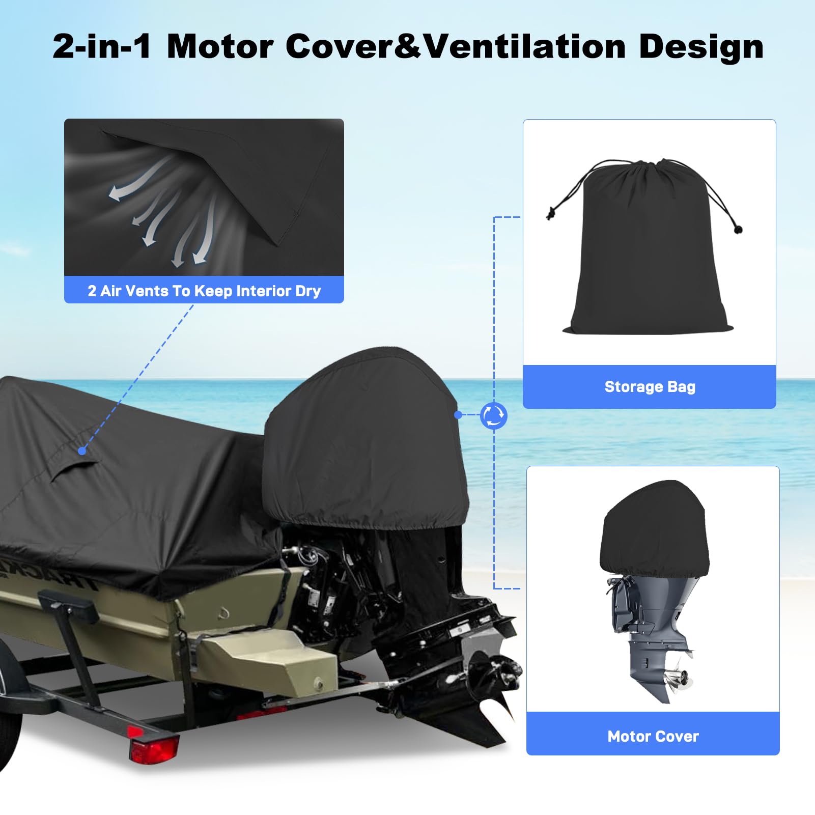 **16-18.5ft Heavy Duty 1200D Marine Canvas Boat Cover - Waterproof Bass Tracker Cover with Sand Bag Mooring Kit for V Hull & Runabout Boats (16ft, 17ft, 18ft) - Perfect for Outdoor Storage & Mooring Protection (Black)**