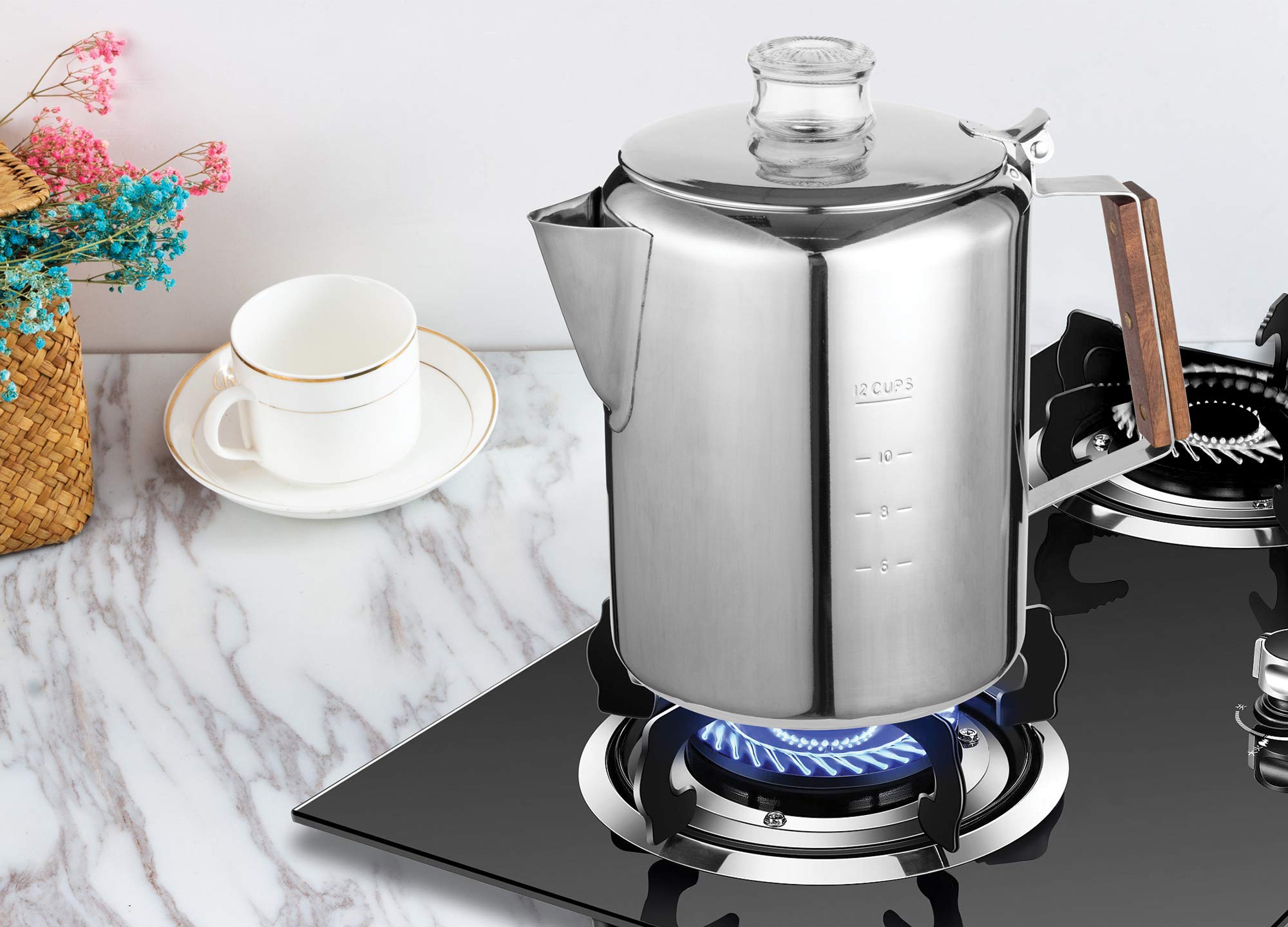 Fox Run Rapid Brew 12-Cup Stainless Steel Stovetop Percolator Coffee Pot - Fast Brewing for Camping, Home & Office Use