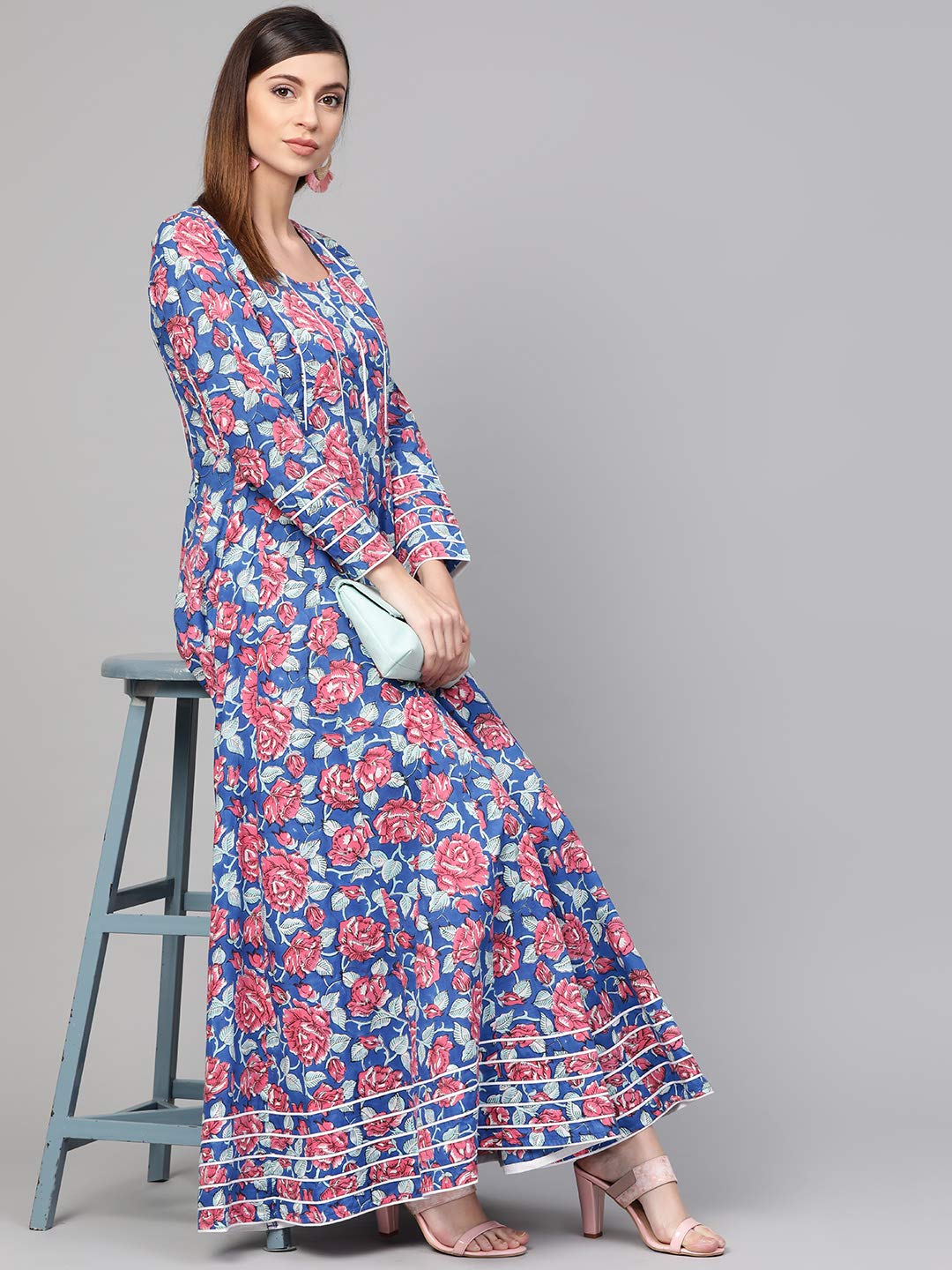 Royal Blue Hand Block Floral Print Cotton Anarkali Dress for Women | Elegant Indian Party Wear & Festive Occasion Outfit