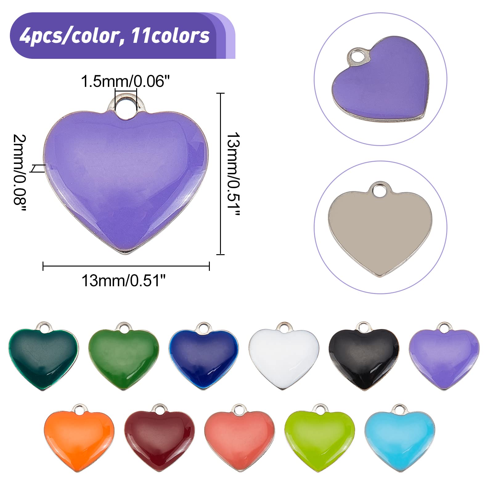 DICOSMETIC 44Pcs 11 Colors Stainless Steel Heart Shape Enamel Charms - Colorful Metal Heart Beads for DIY Bracelet & Necklace Making (1.5mm Hole) - Perfect for Jewelry Crafting, Gift Packaging & Scrapbooking Projects