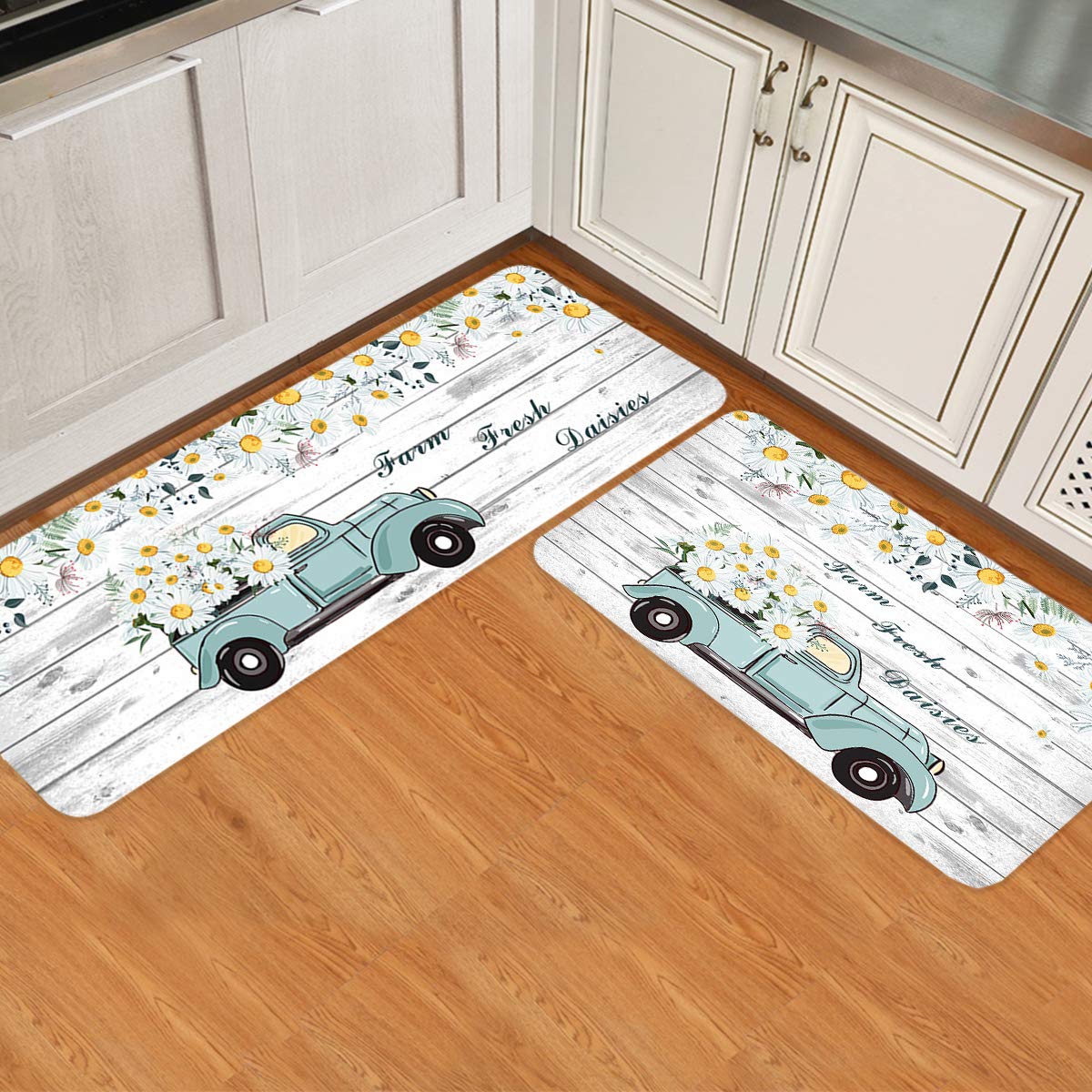 COLORSUM 2-Piece Non-Slip Kitchen Mat Set - Farmhouse Daisies & Wood Grain Design - Anti-Fatigue Standing Mats for Kitchen Floor - Perfect for Cooking, Dishwashing & Home Decor