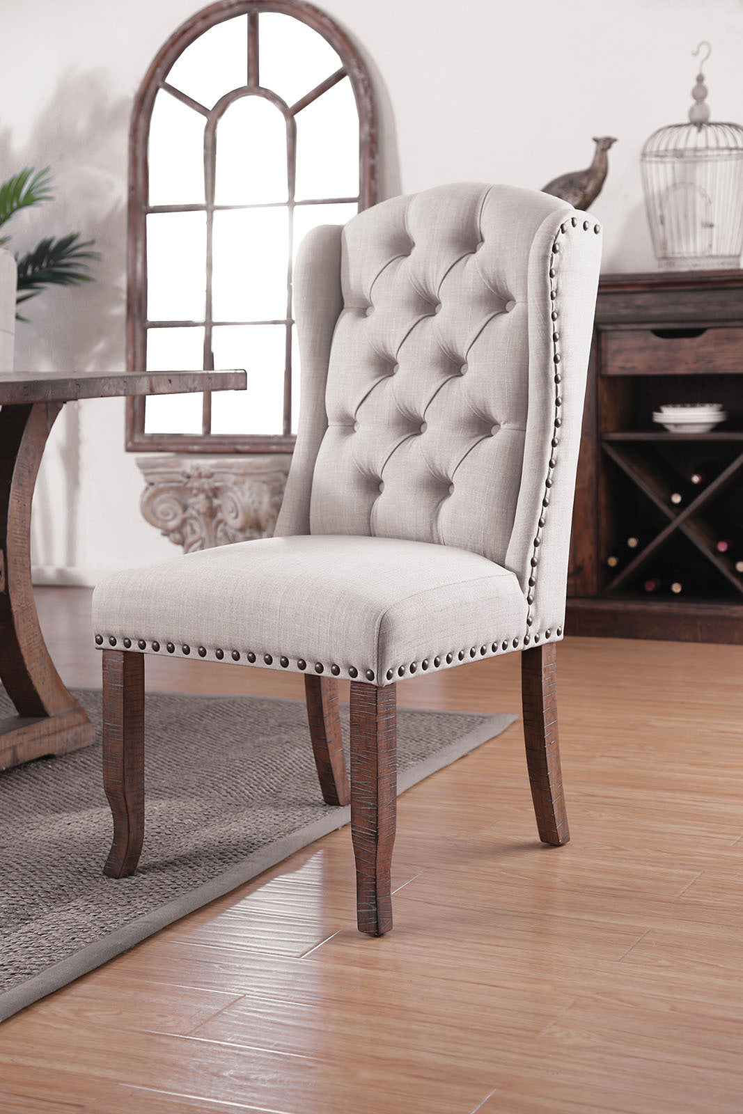 Contemporary Ivory Fabric 2-Piece Tufted Wingback Dining Chairs with Rustic Solid Oak Wood Back - Perfect for Farmhouse Dining Room, Kitchen Nook & Breakfast Nook Decor