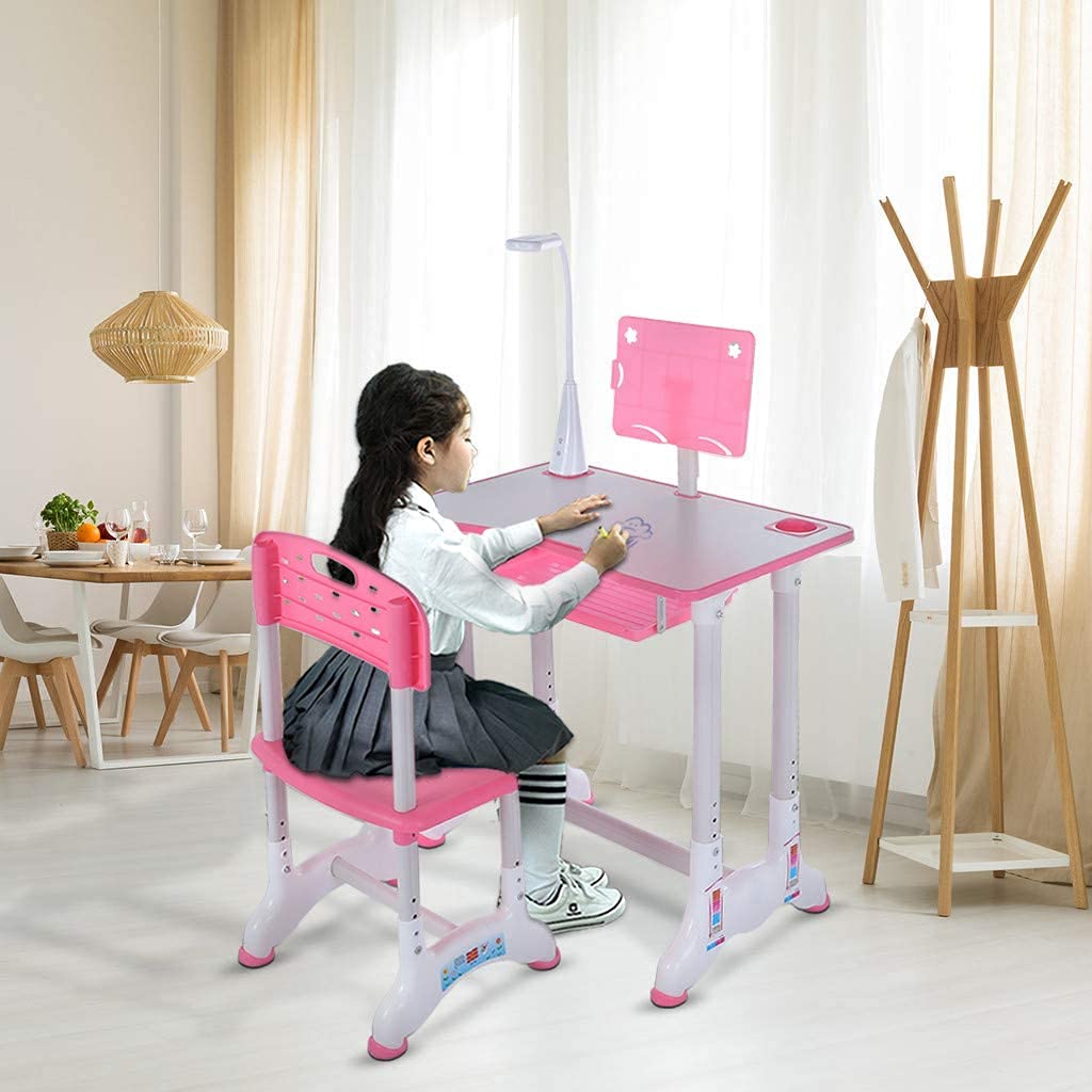 Adjustable Kids Desk and Chair Set with Storage Drawer & Bookstand - Ergonomic Study Table for Children 3-18 Years, Height-Adjustable Writing Desk with LED Lamp for Boys & Girls (Pink) - Perfect for Homeschooling, Online Learning & Bedroom Study Space