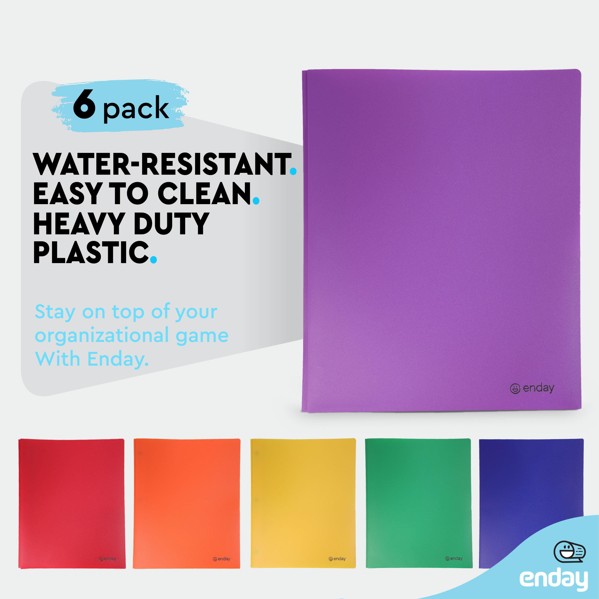 Enday 6-Pack Plastic Folders with Pockets & Prongs - 2-Pocket Folders with Brads for Letter Size Sheets (Purple, Blue, Green, Yellow, Orange, Black) - Perfect for School, Office & Document Organization