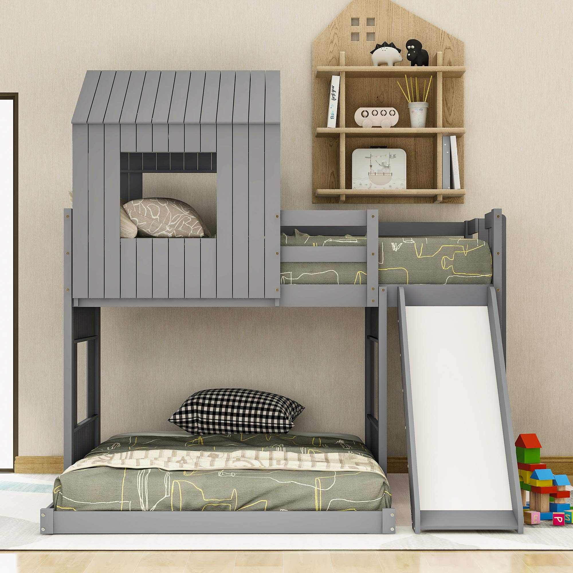 Twin Over Full Bunk Bed with Slide - House-Shaped Kids Bunk Bed Frame with Safety Guardrails & Ladder for Boys & Girls - Space-Saving Bedroom Furniture for Small Rooms, Kids' Dorm or Vacation Homes (Gray)