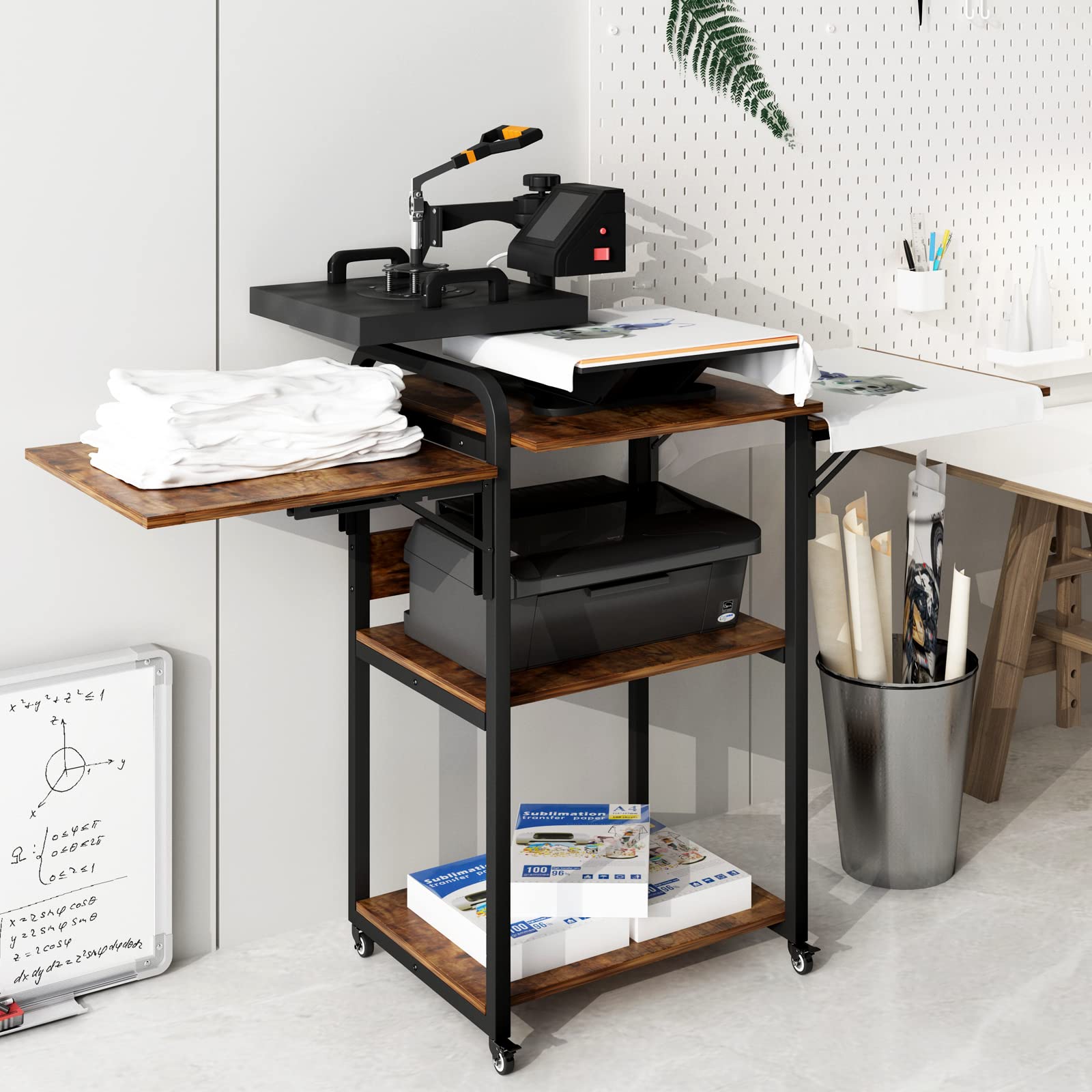PUNCIA 3-Tier Heavy Duty Rolling Heat Press Table - Foldable Heat Transfer Machine Stand with Metal Shelves for Sublimation Printing | Portable Workbench for T-Shirt, Mug & DIY Crafts | Home & Workshop Organization Storage Solution