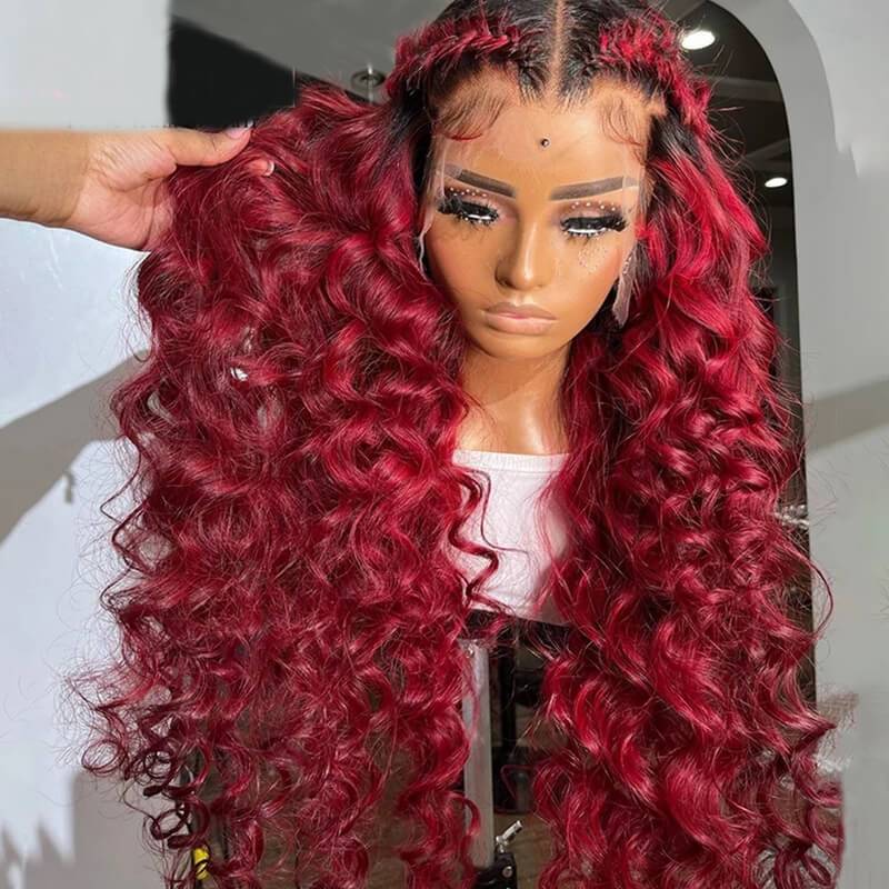 Eullair Ombre 1B/99J Burgundy Loose Wave Human Hair Wig with Lace Frontal for Women - Natural Looking Wigs for Daily Wear, Parties & Special Occasions