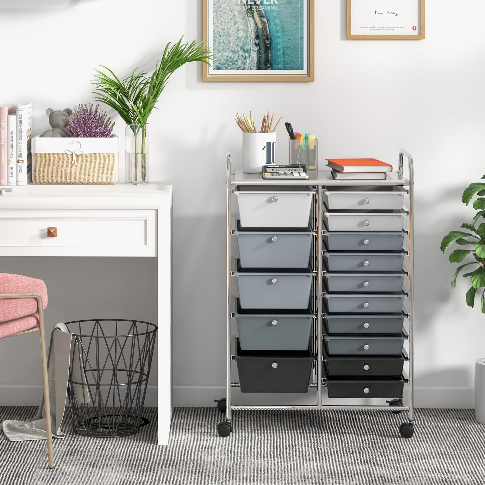 Giantex 15-Drawer Rolling Storage Cart with Wheels - Mobile Organizer for Classroom, Office, Home, School Supplies, Crafts, Art & Paper Storage - Perfect for Teachers, Students & DIY Projects
