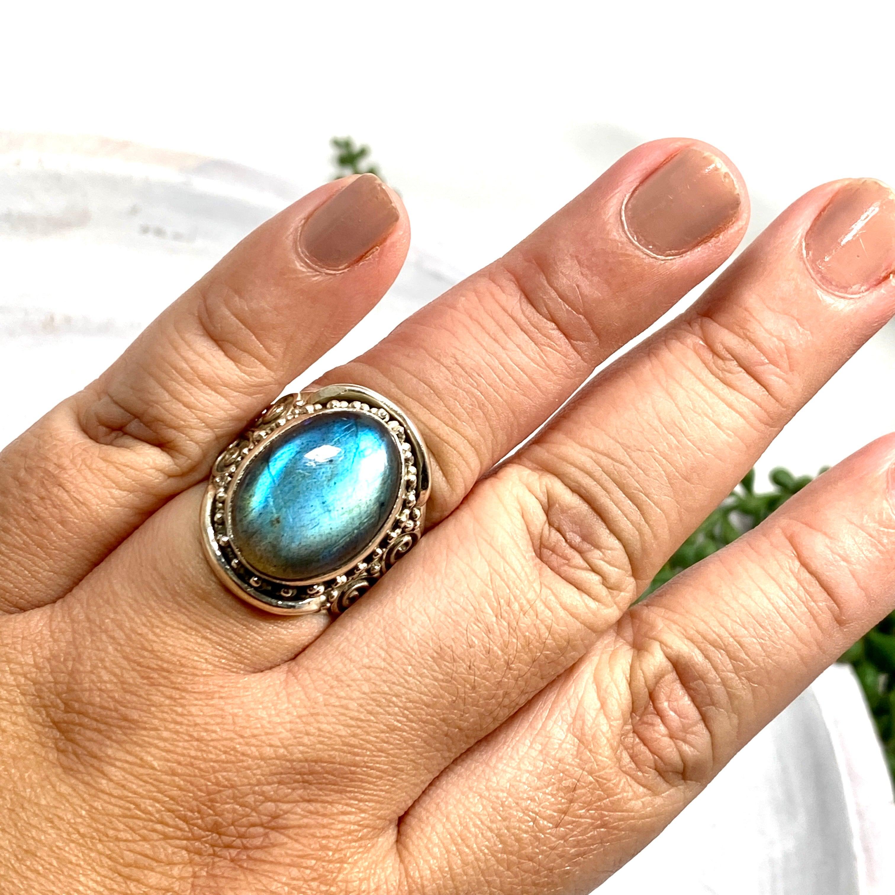 Boho Style Labradorite Oval Ring - Size 11 - Sterling Silver Handmade Jewelry - KRGJ2771 | Perfect for Festival, Wedding & Everyday Boho Fashion