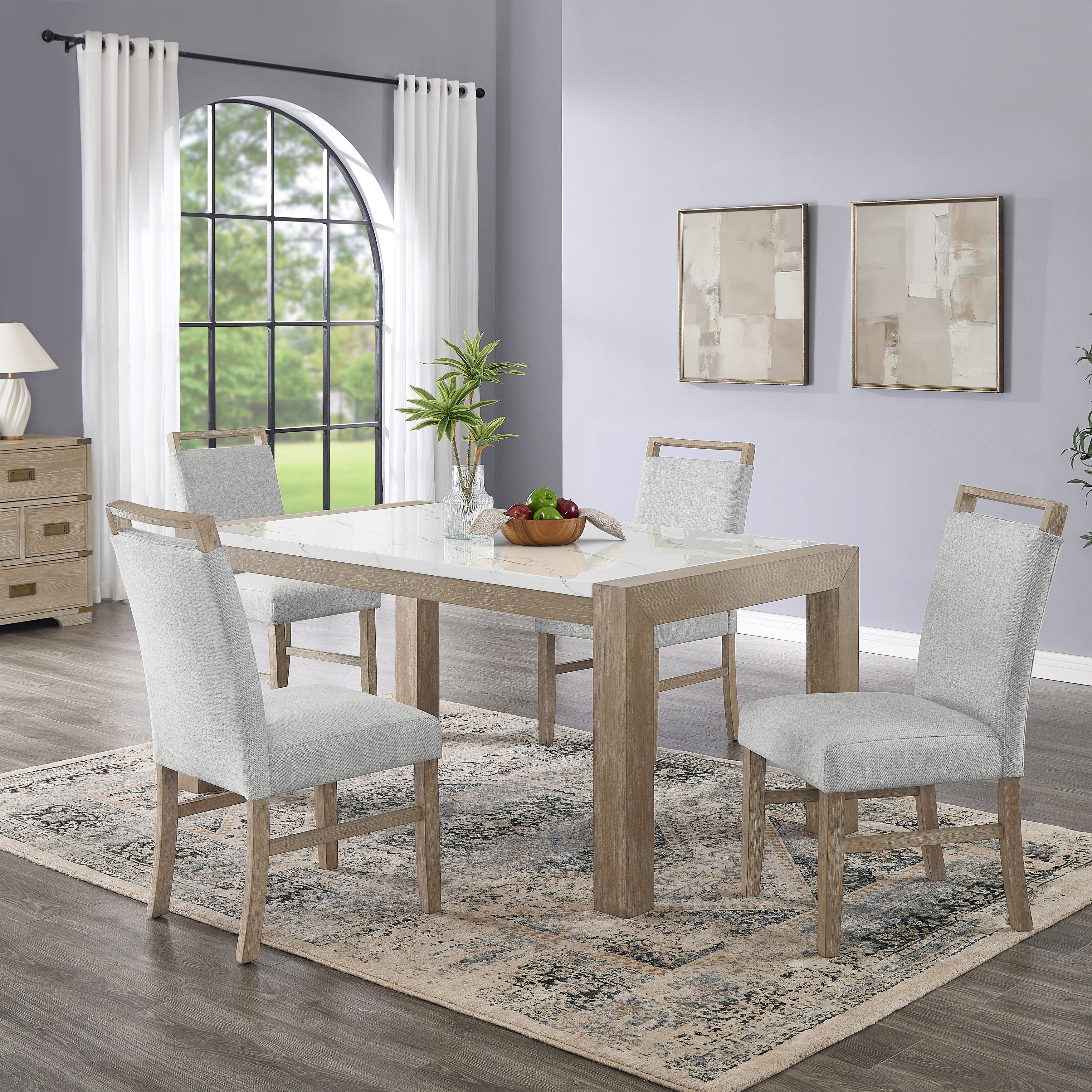 Roundhill Furniture Zelalle 5-Piece Dining Set - White Faux Marble Table with 4 Wired Brushed Finish Chairs | Perfect for Small Spaces, Breakfast Nooks & Apartment Dining Areas