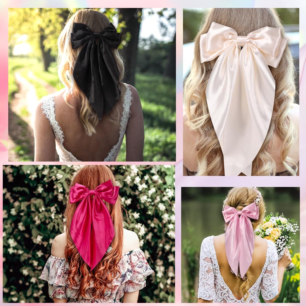 6PCS Large Hair Bows Clips for Women - Long Tail Soft Ribbon Silky Satin Barrettes Hair Accessories (6 Colors) | Perfect for Weddings, Parties, Daily Styling & Gifts