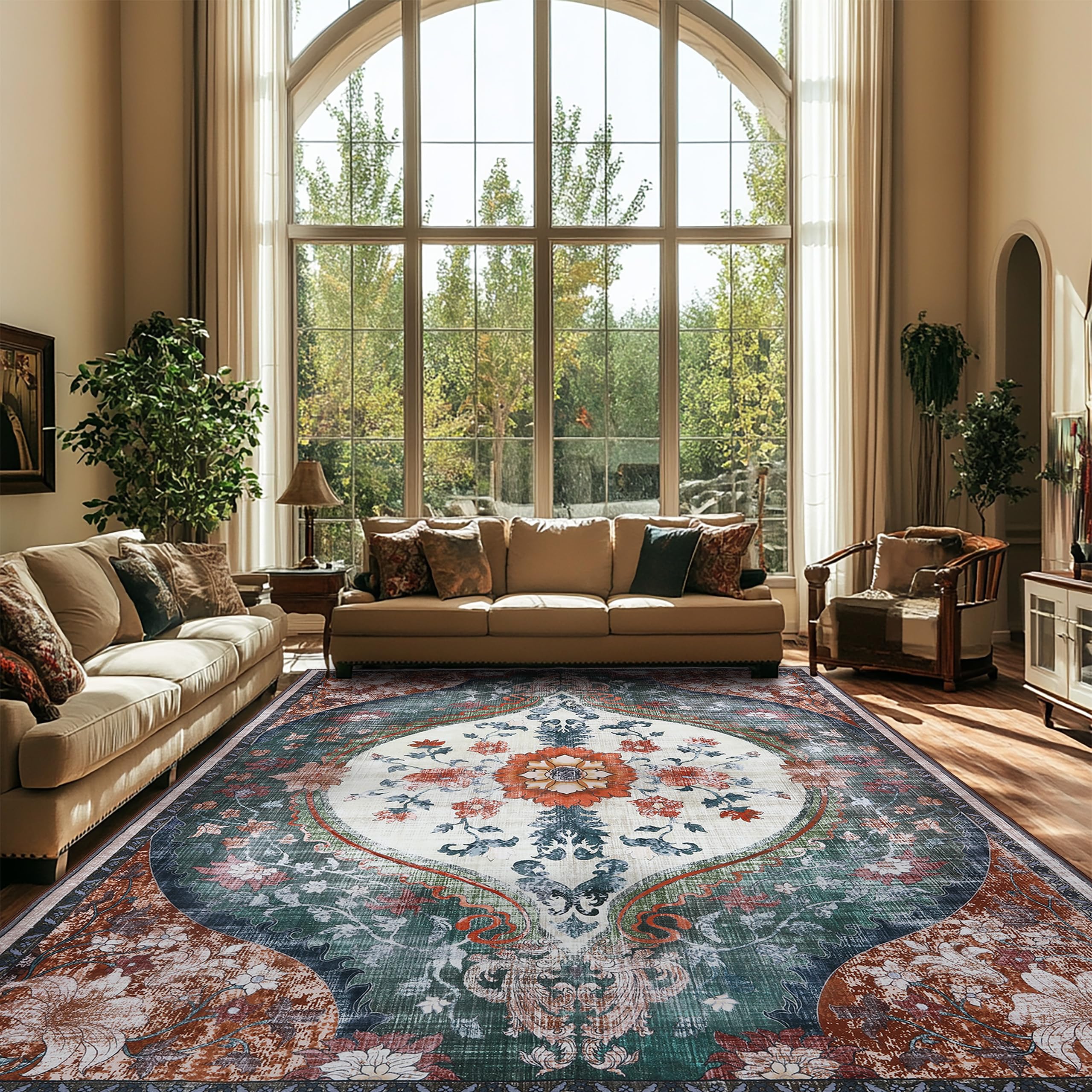 8x10ft Boho Washable Non-Slip Area Rug - Distressed Printed Carpet for Living Room, Dining Room, Bedroom & Playroom | Indoor Home Decor (Beige/Orange) | Perfect for Bohemian Style Homes & Cozy Spaces
