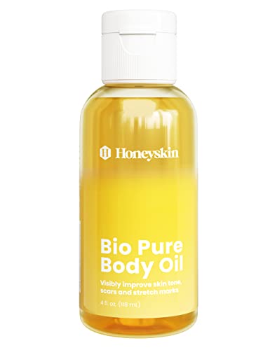 Honeyskin Organic Body Oil for Stretch Marks & Acne Scars - Vitamin E & Omega 3 Dark Spot Corrector - Natural Face & Body Moisturizer with Almond Oil for Dry Skin - Perfect for Pregnancy Care & Post-Acne Treatment (4oz)