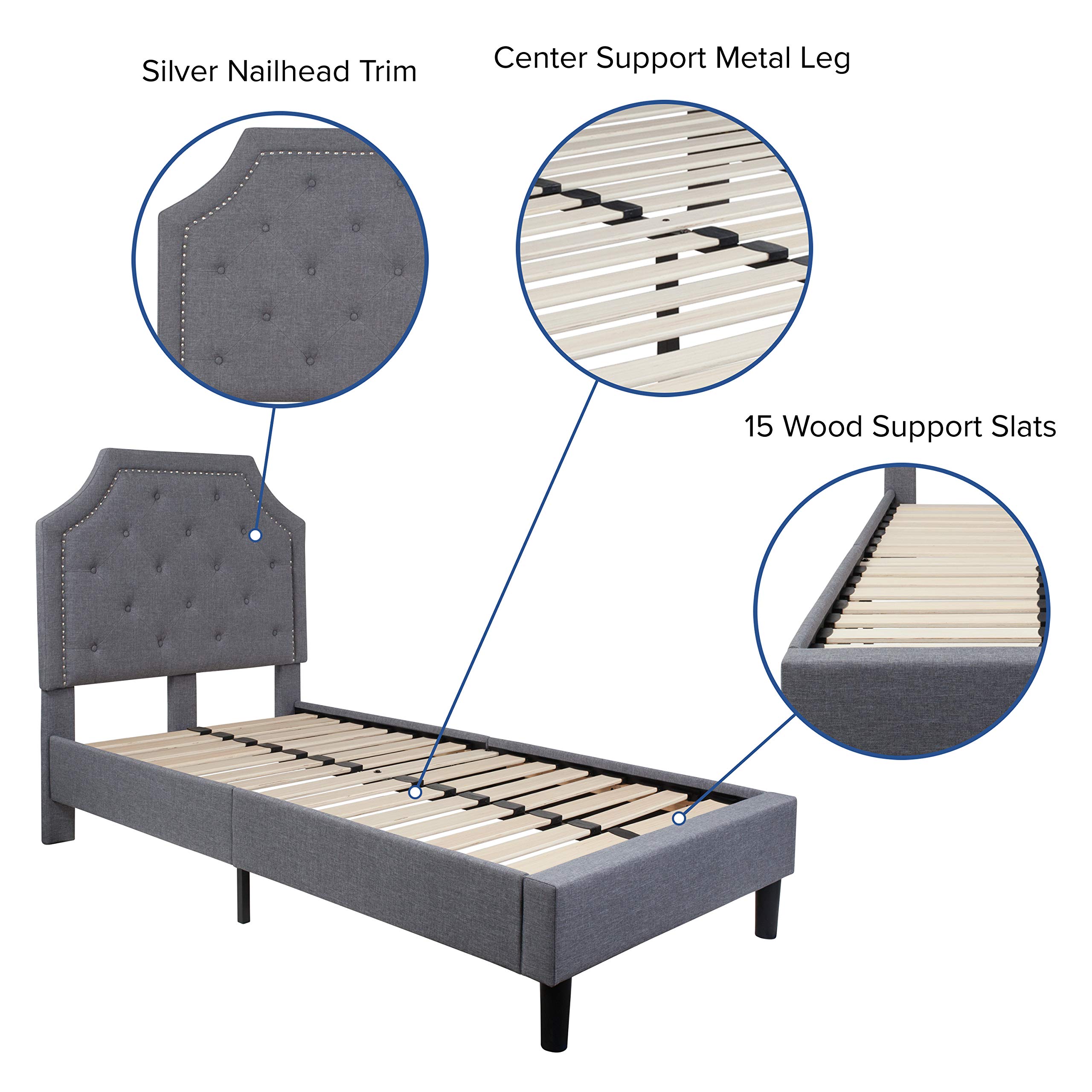 Twin Size Arched Tufted Platform Bed Frame with Light Gray Fabric Upholstery - Perfect for Small Bedrooms, Guest Rooms & Dorm Rooms